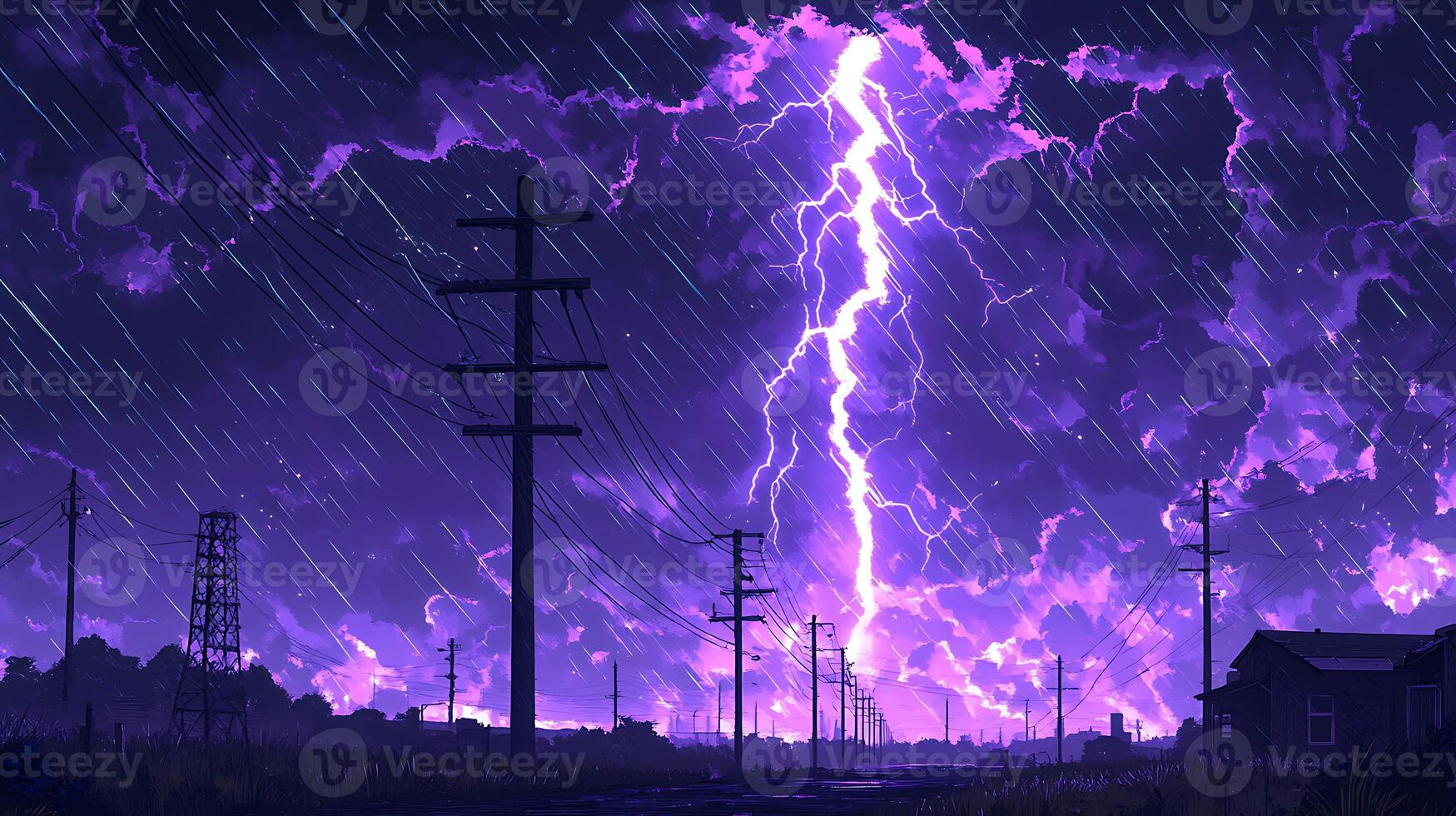 Purple Thunderstorm With Lightning Over Rural Landscape at Night photo