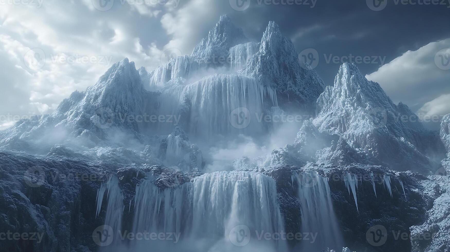 Majestic Frozen Waterfalls Cascading Down Snow-Covered Mountain Peaks in Winter photo