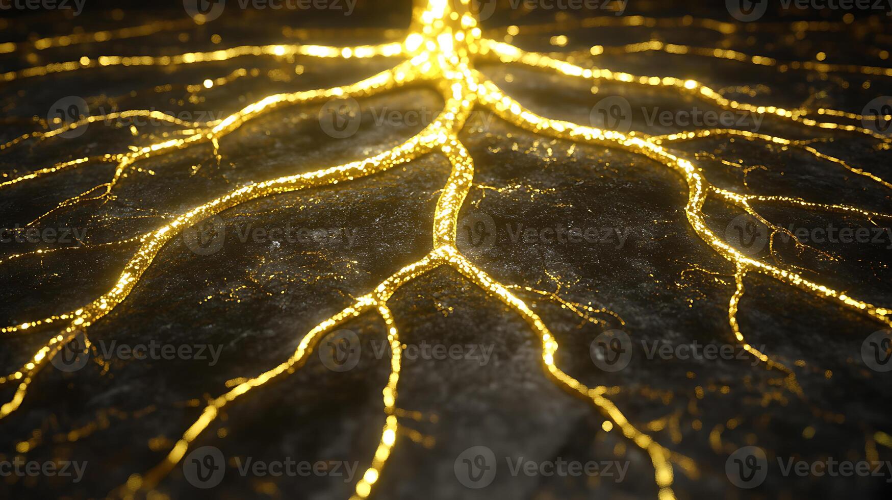 Golden Metallic Roots Displaying Illuminated Patterns on Dark Background photo