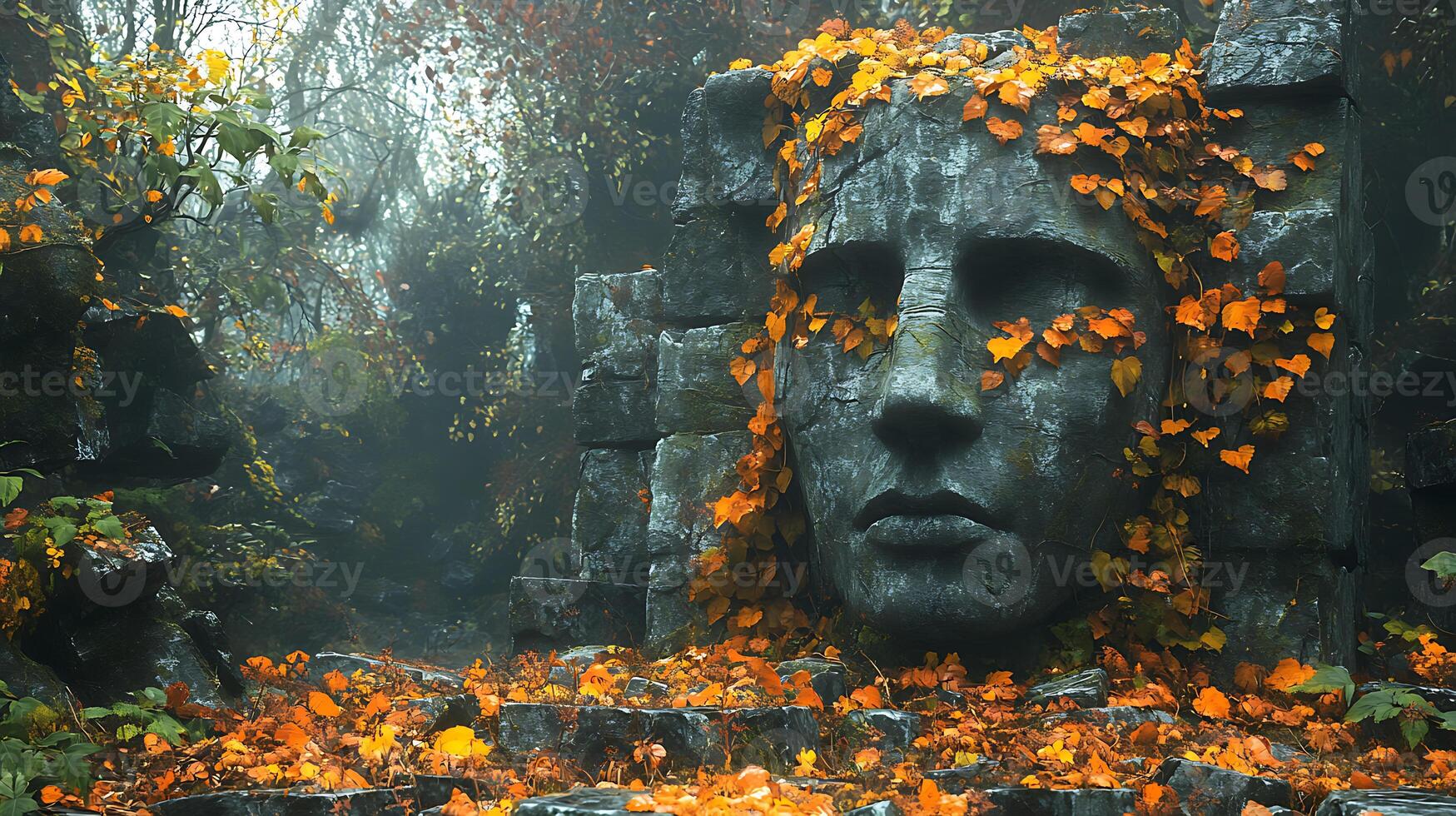 Ancient Stone Face Shrouded by Autumn Foliage in a Misty Forest photo