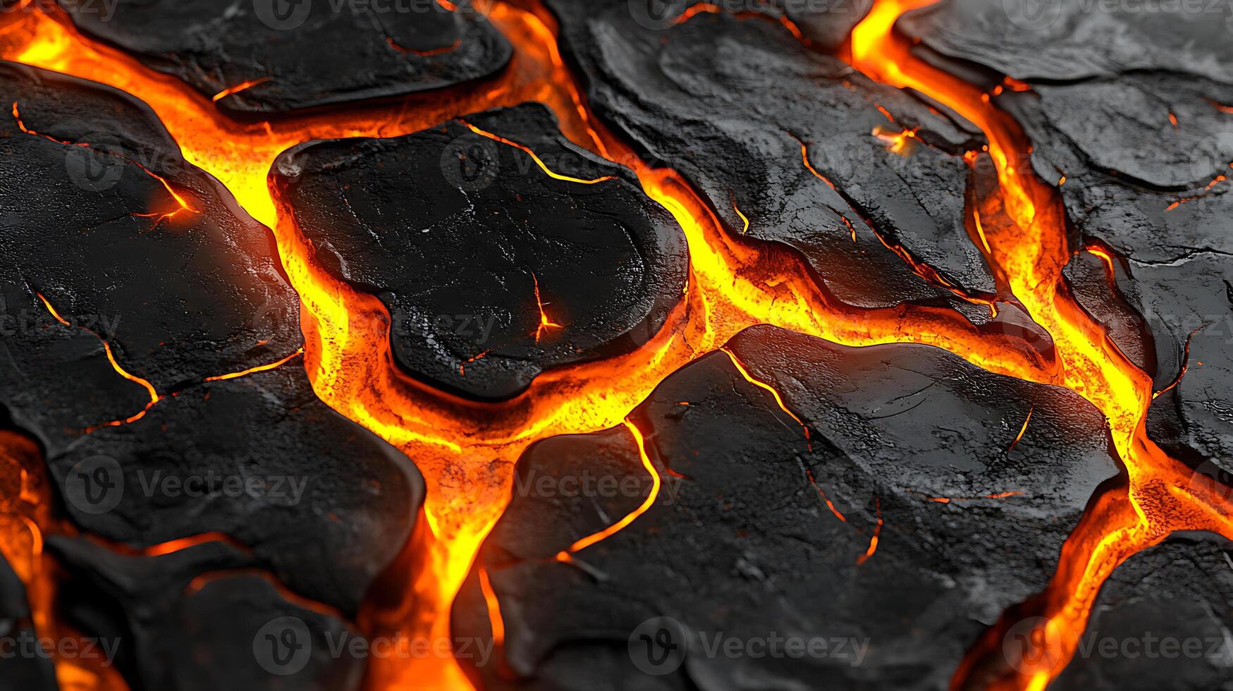 Molten Lava Cracks Emitting Glowing Heat and Light in Close-Up View photo