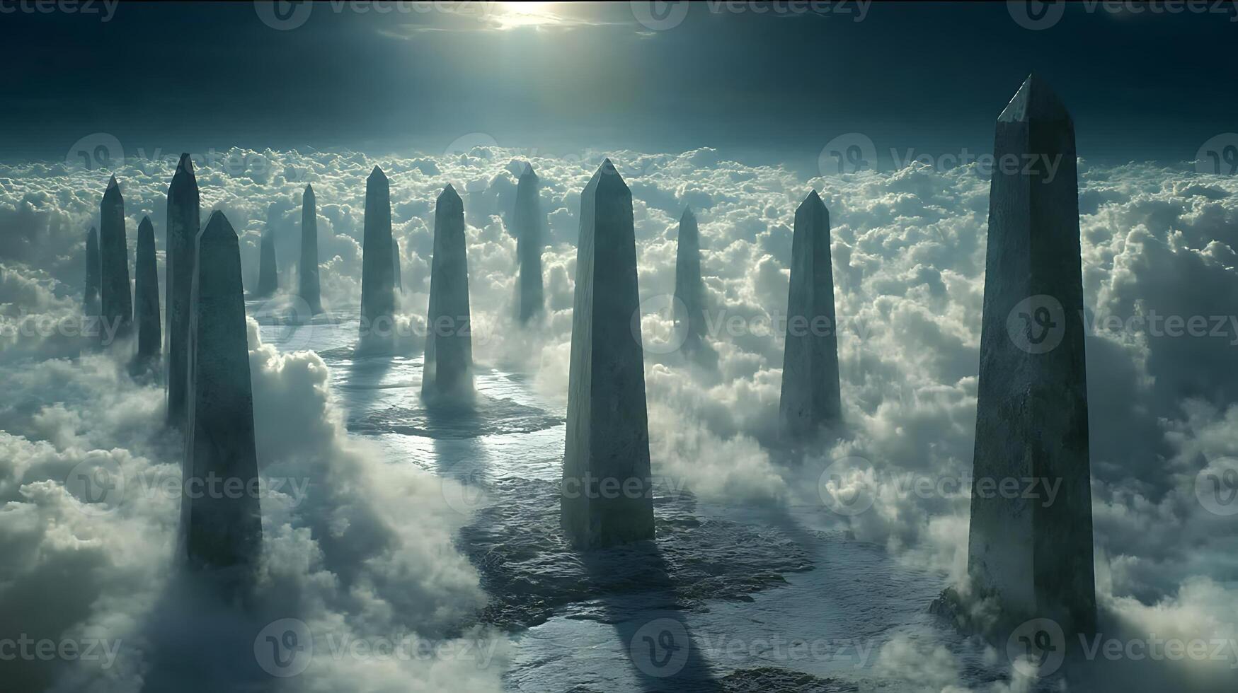 Dramatic Obelisks Rising Above Clouds in a Mystical Landscape photo