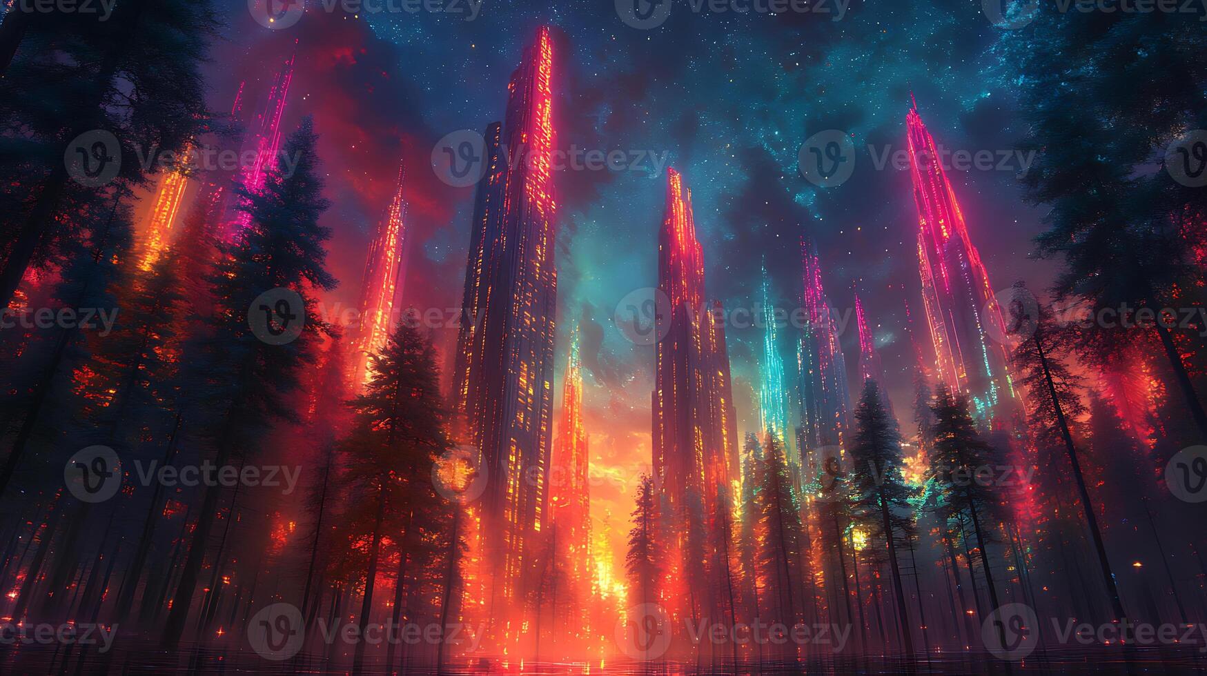 Colorful Neon Structures Illuminating a Dense Forest at Twilight photo