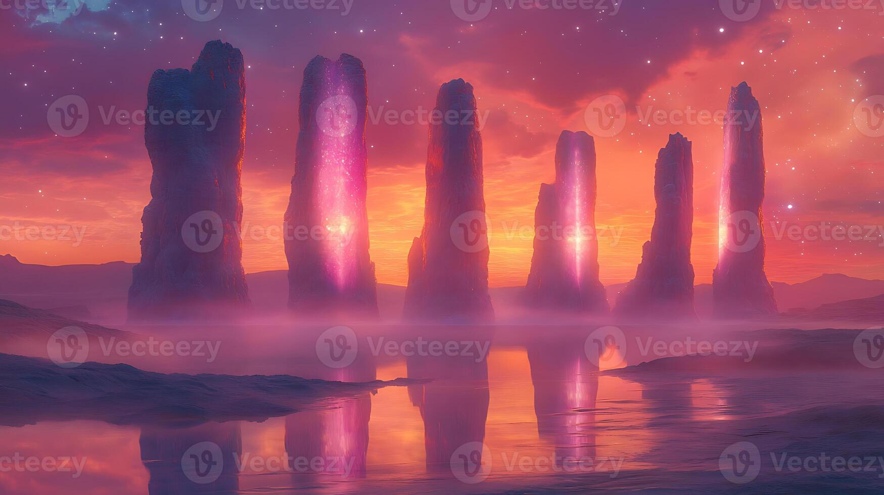 Majestic Neon Towers Reflecting in Serene Waters at a Dusk Horizon photo