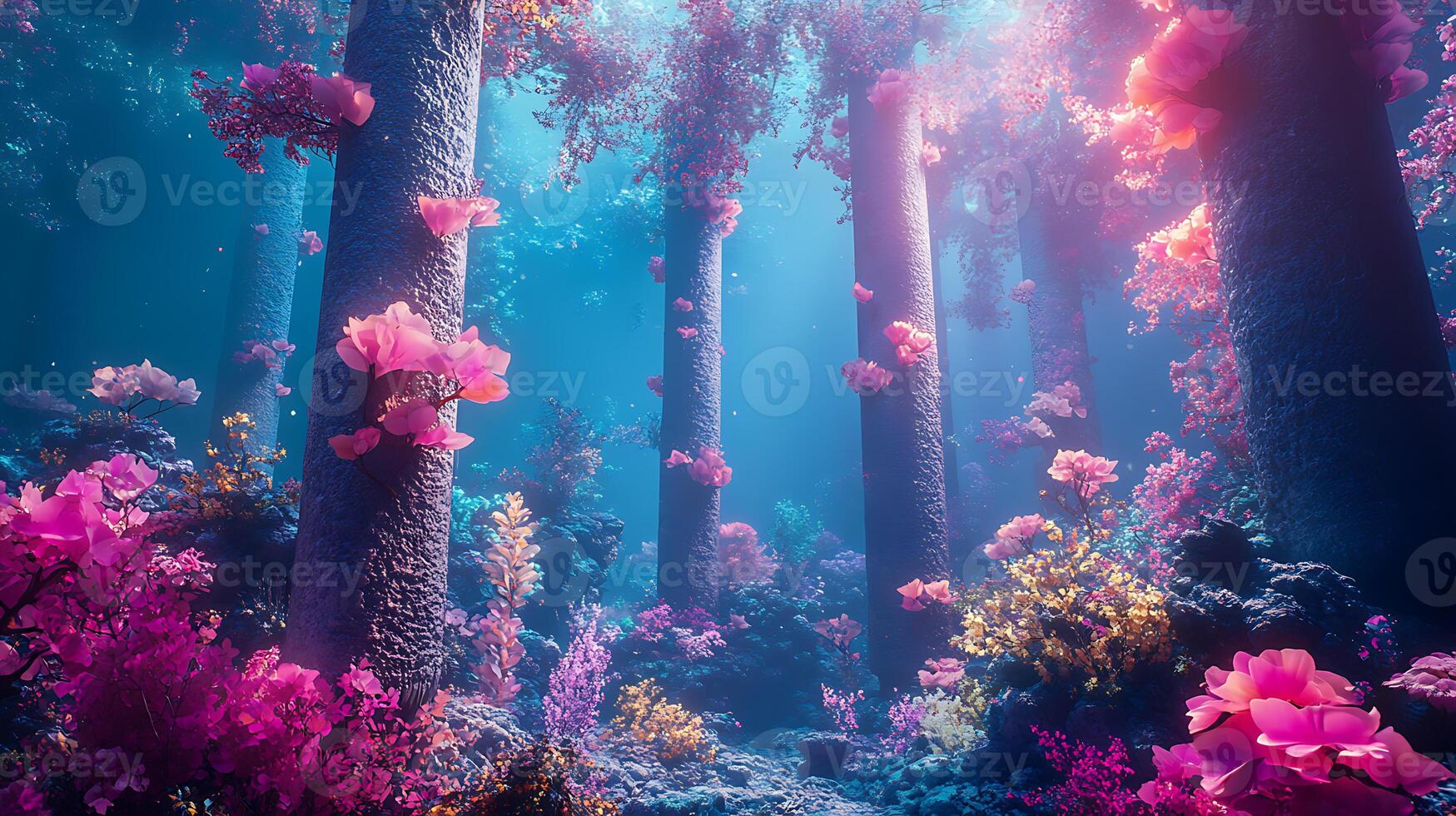 Enchanting Underwater Forest with Vibrant Blooming Flora in Luminous Colors photo