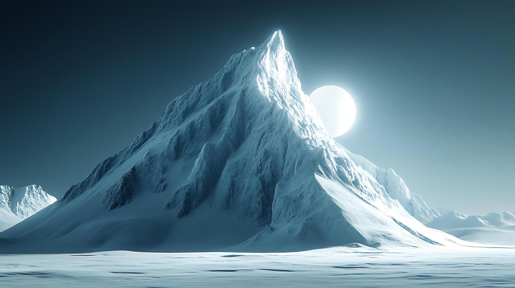 Majestic Snow-Covered Mountain Under the Moonlight in a Serene Winter Landscape photo
