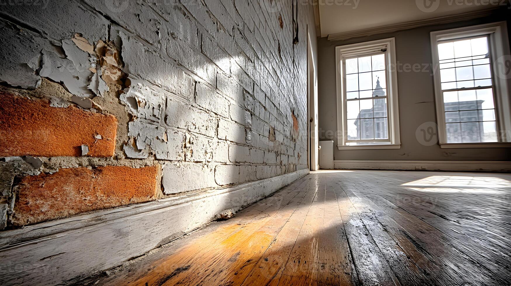 Distressed White Brick Wall Old Wooden Floor Sunlight Streaming Through Windows in Abandoned photo
