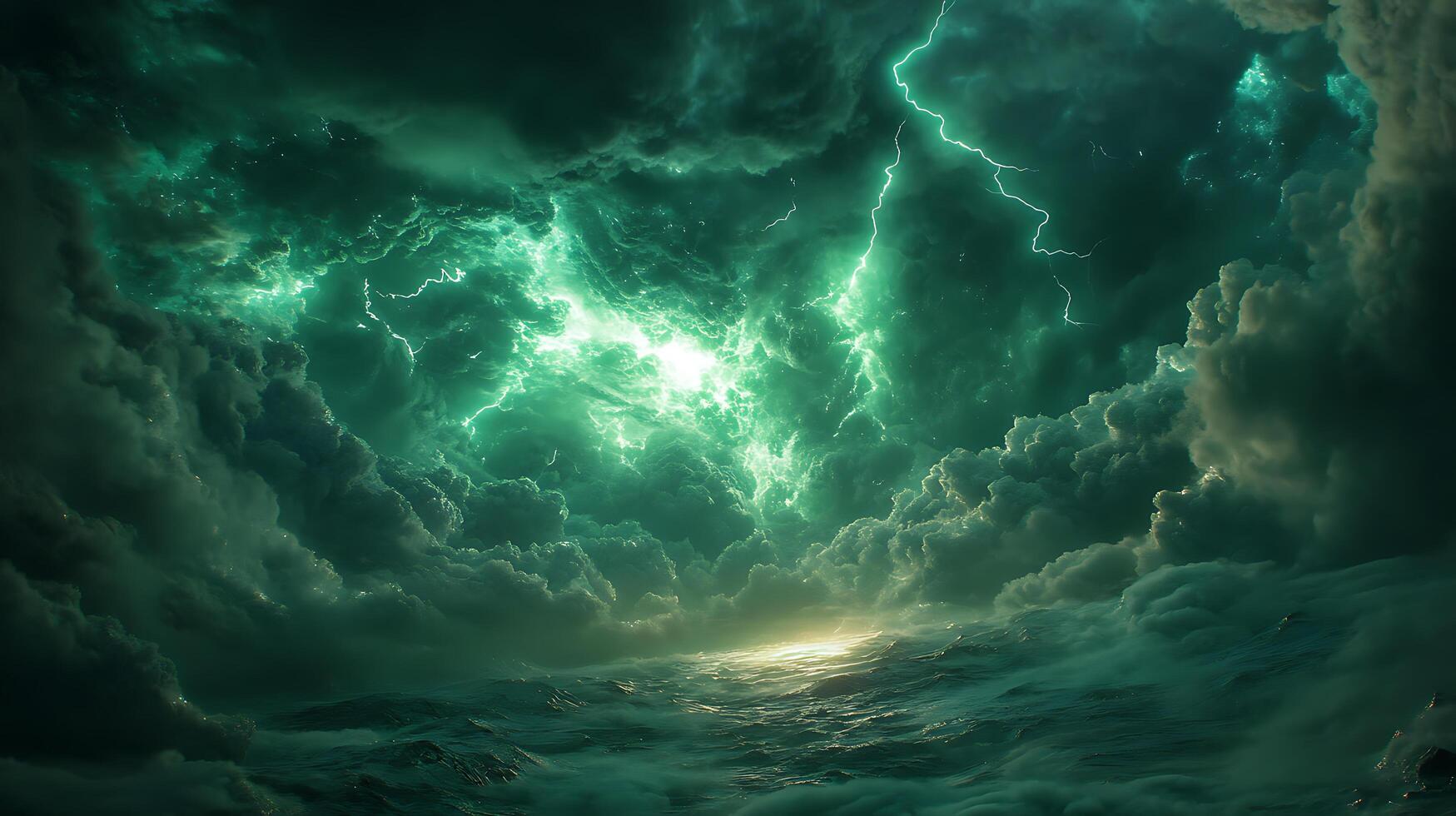 Dramatic Green Sky Burst with Electrifying Clouds and Distant Radiance photo