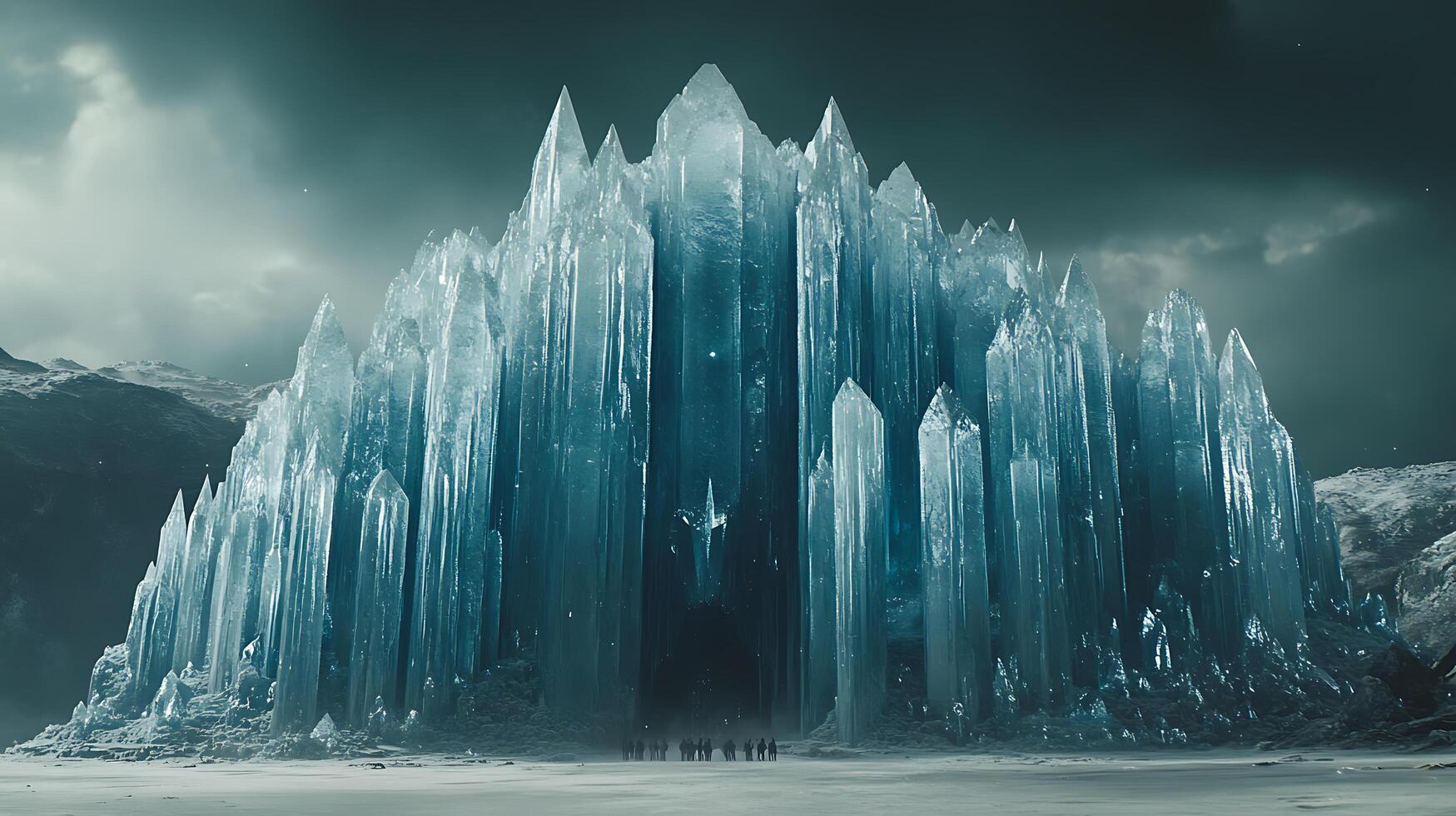 Majestic Crystal Fortress Amidst a Frozen Winter Landscape Under Cloudy Skies photo