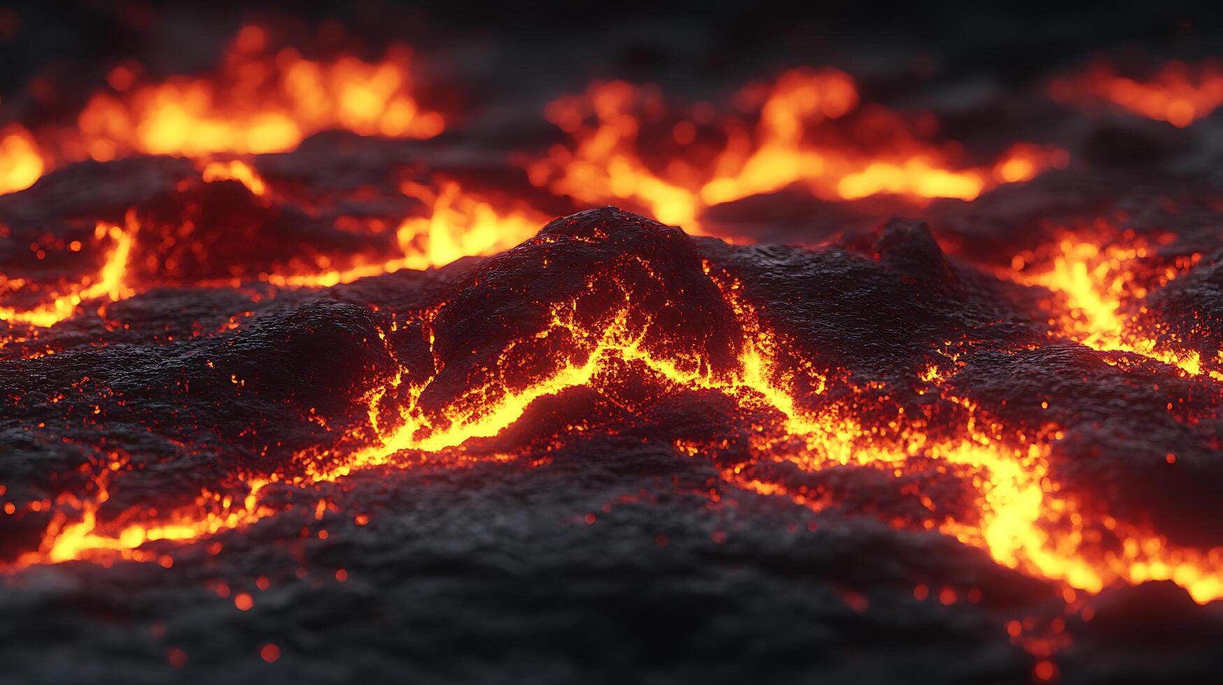 Molten Lava Flowing Across Volcanic Surface in Glowing Rugged Terrain photo