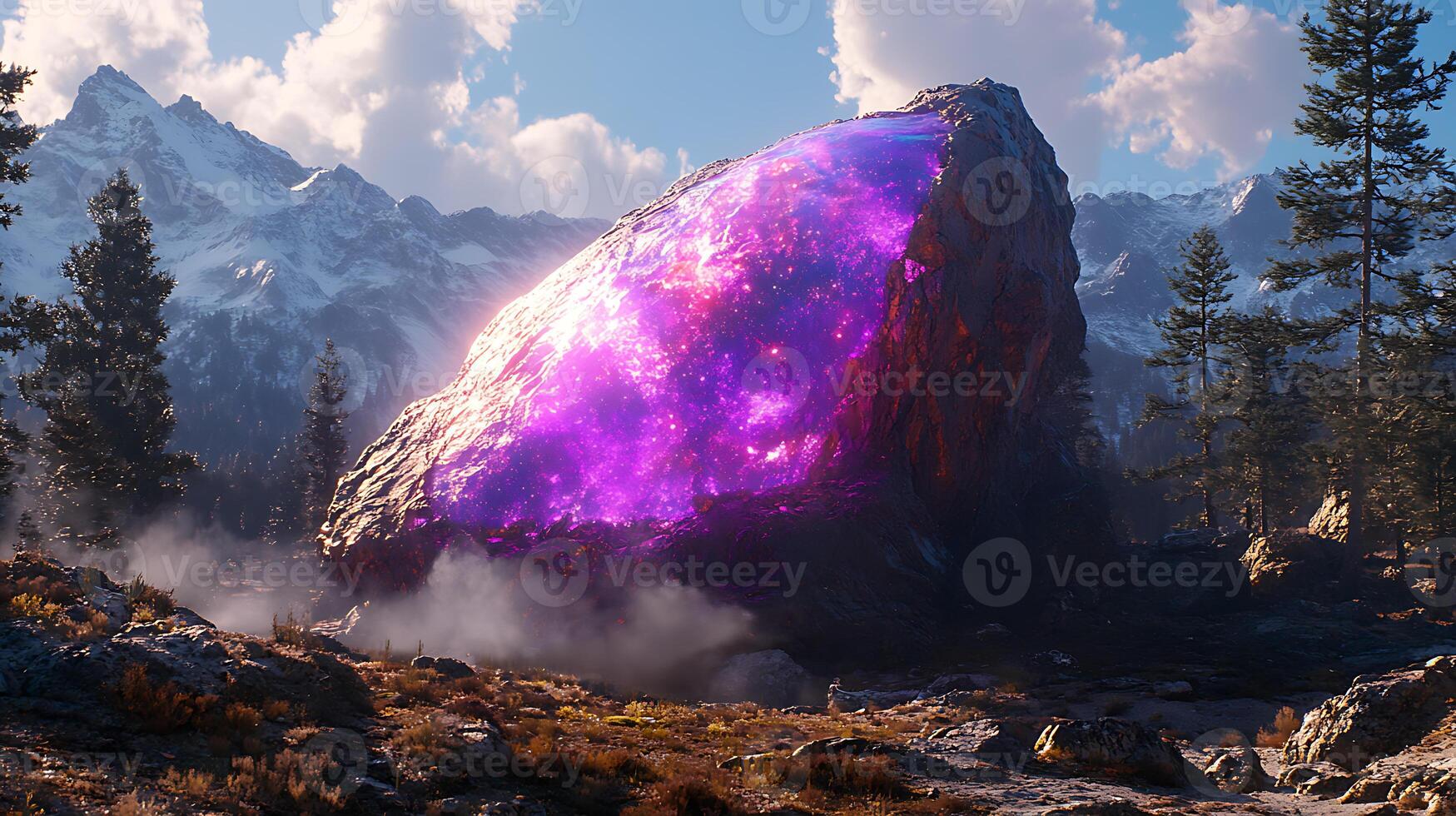 Majestic Alien Rock Formation with Glowing Purple Surface in Mountainous Landscape photo