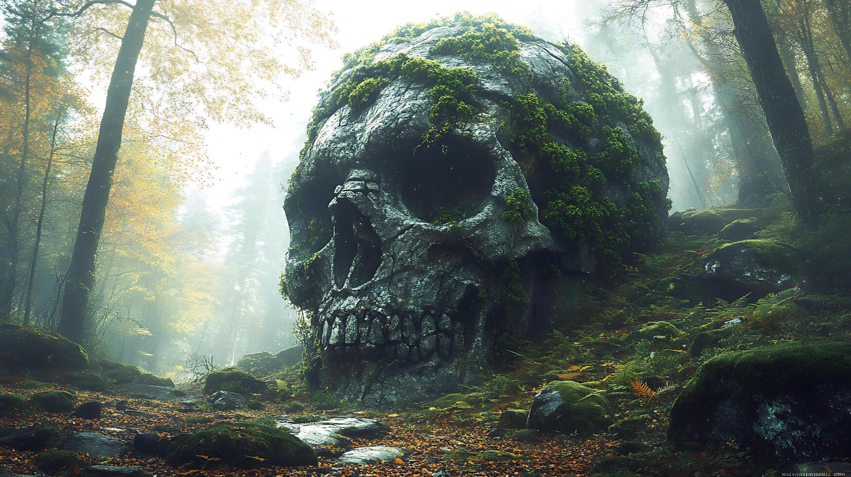 Mysterious Forest Scene Featuring a Giant Skull-Shaped Rock in Autumn Light photo