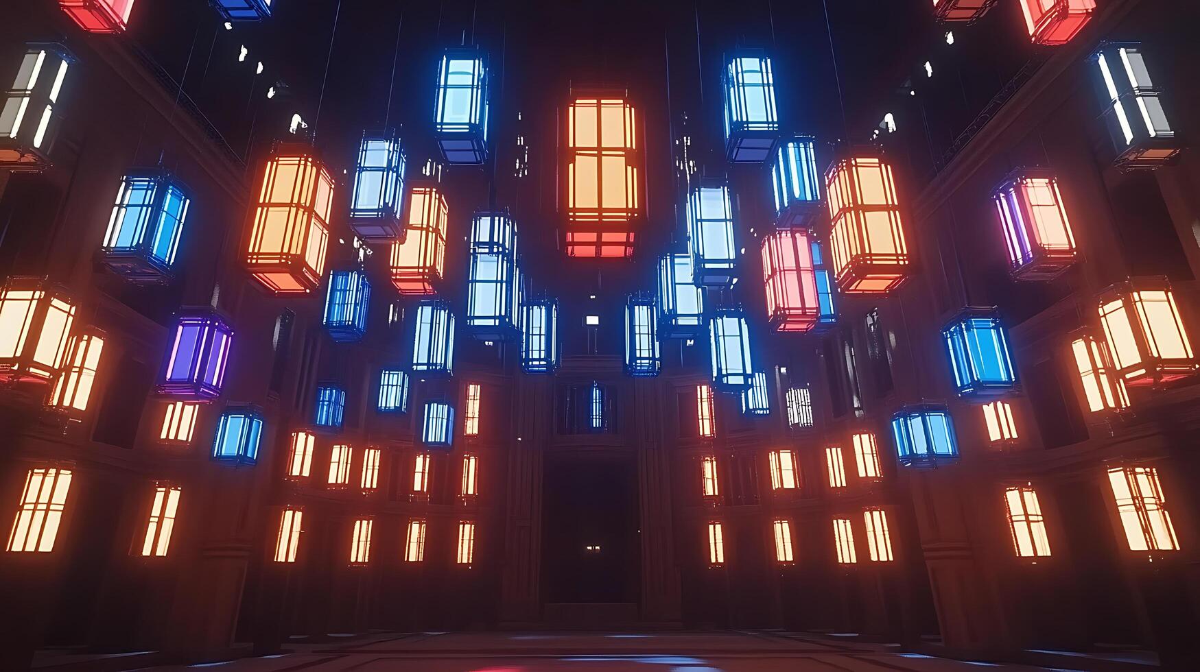 Illuminated Hanging Lanterns in a Dark Architectural Hall with Vibrant Colors photo