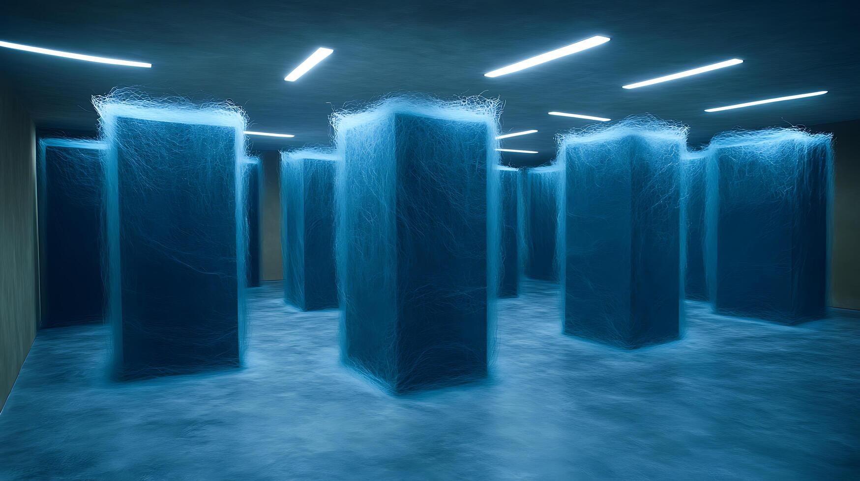 Modern Abstract Installation Featuring Illuminated Thread-Like Patterns in a Dark Space photo