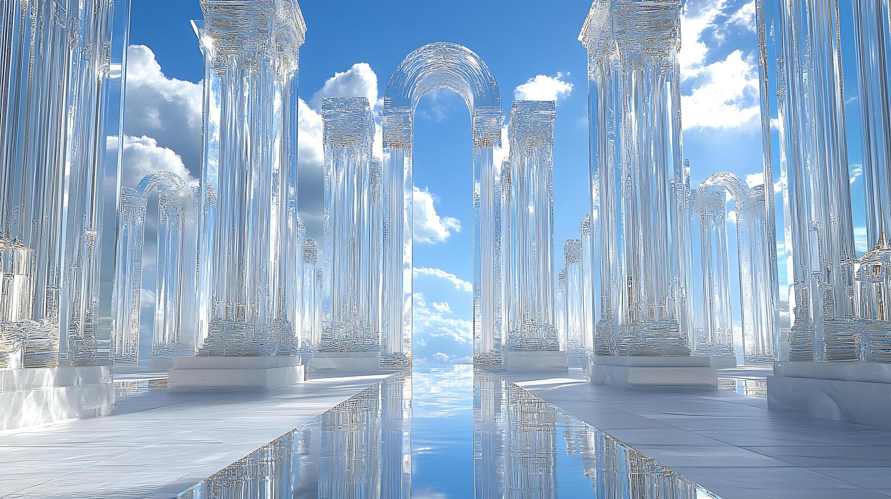 Magnificent Mirror Columns Reflecting Against a Bright Cloudy Sky photo