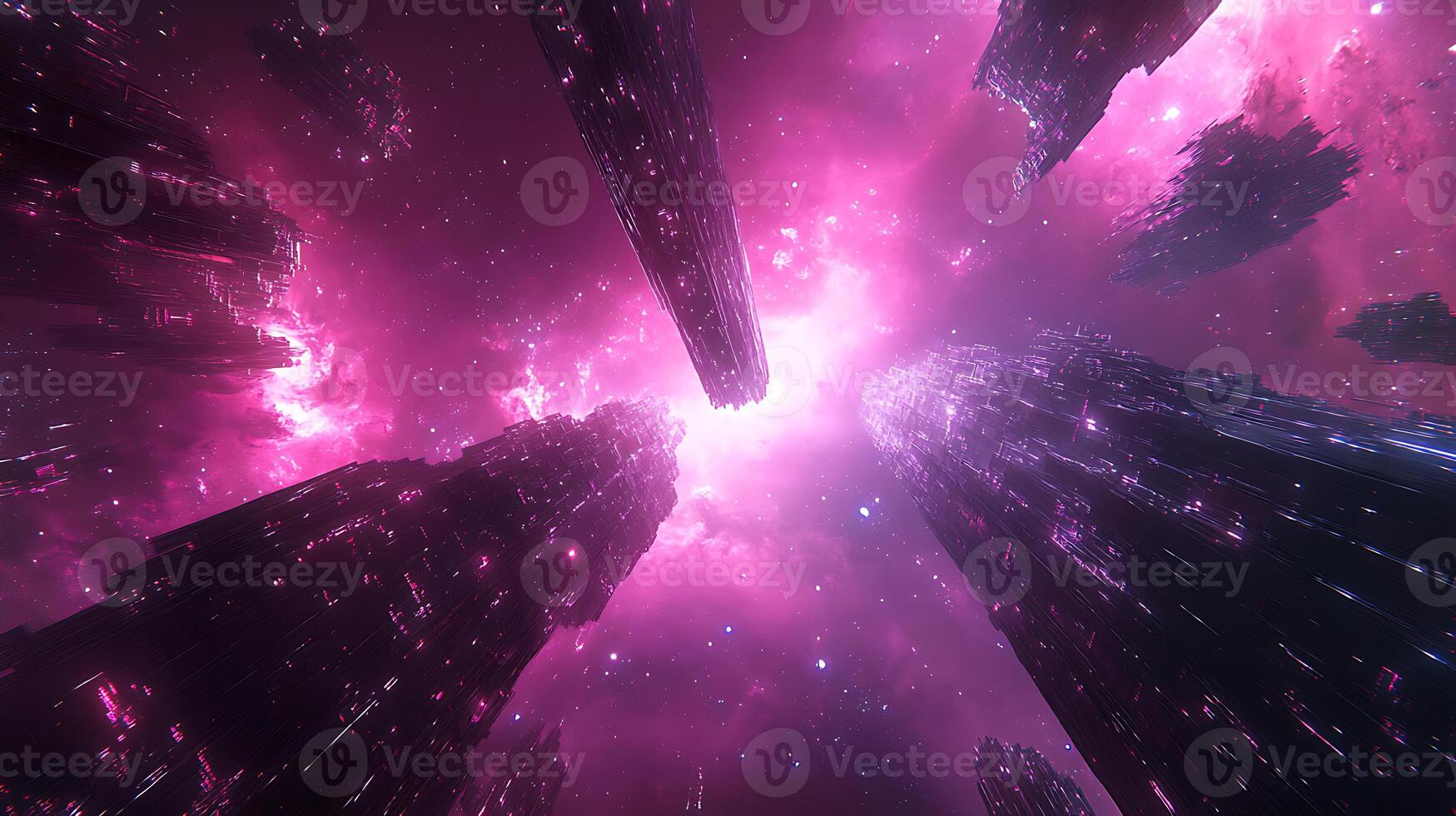 Futuristic Pink Nebula with Glowing Abstract Tower Shapes in Deep Space photo
