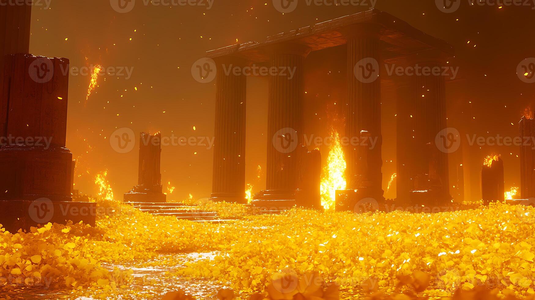 Burning Ruins with Glowing Golden Debris in a Fiery Atmosphere photo