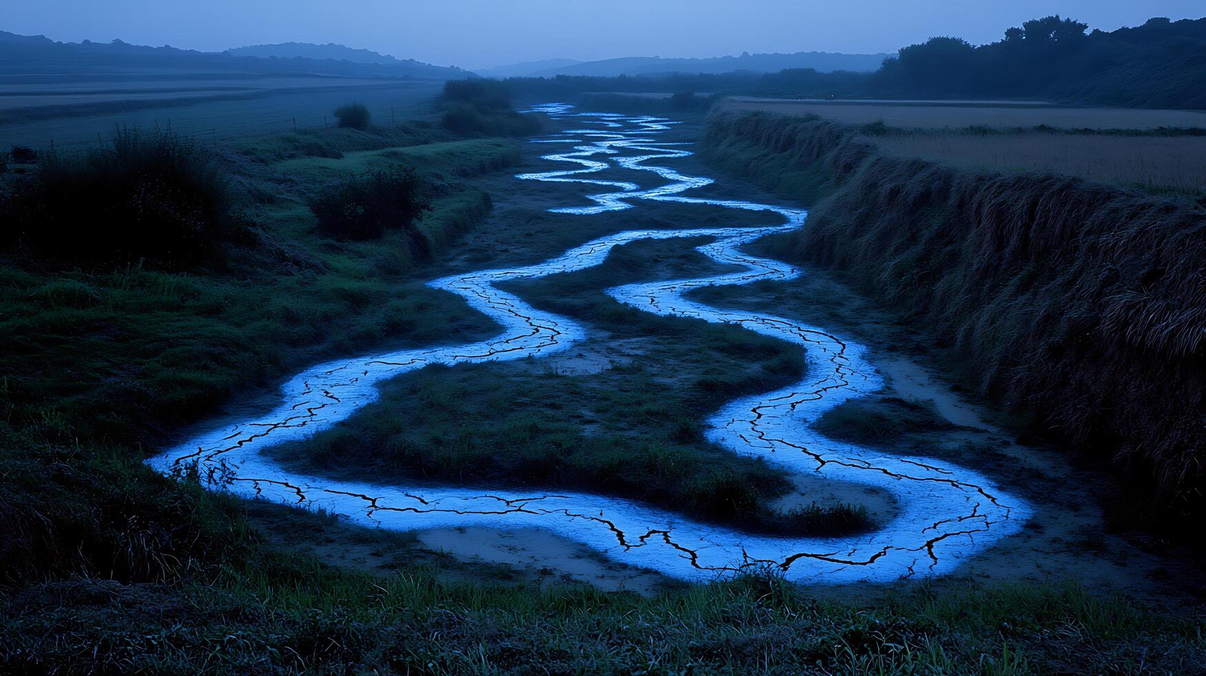 Serene Night Scene with a Luminous Winding River Through a Rural Area photo