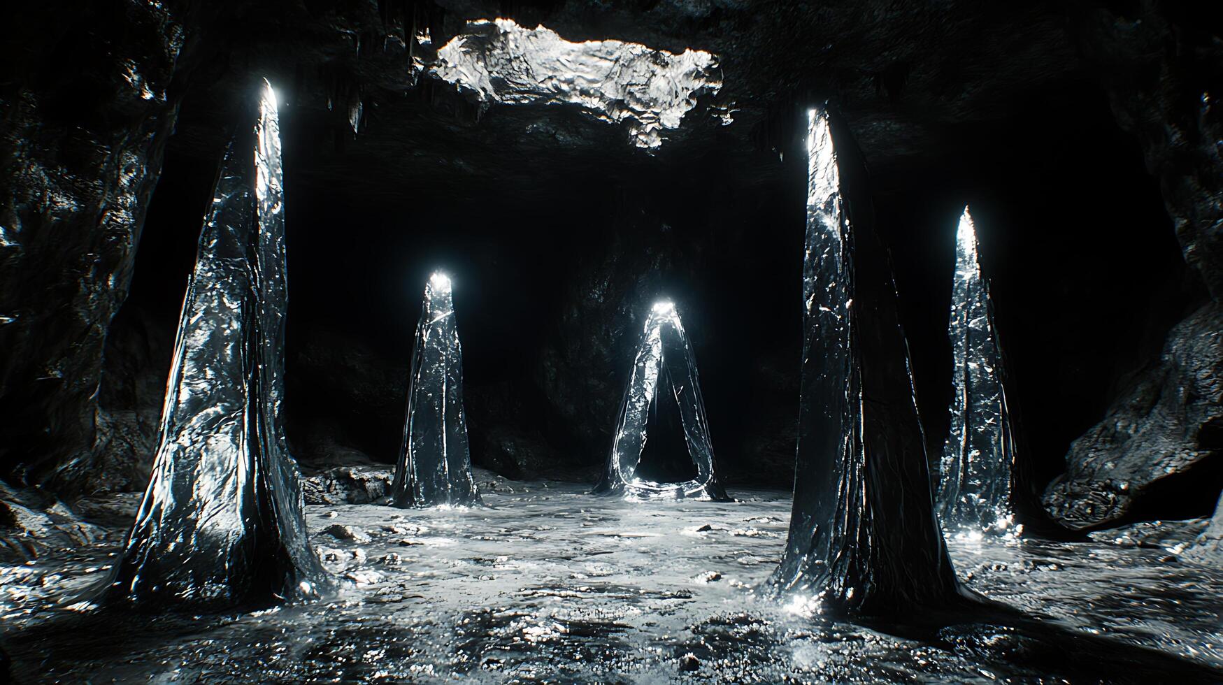 Enchanting Underground Cavern Illuminated by Mysterious Shimmering Metallic Formations photo