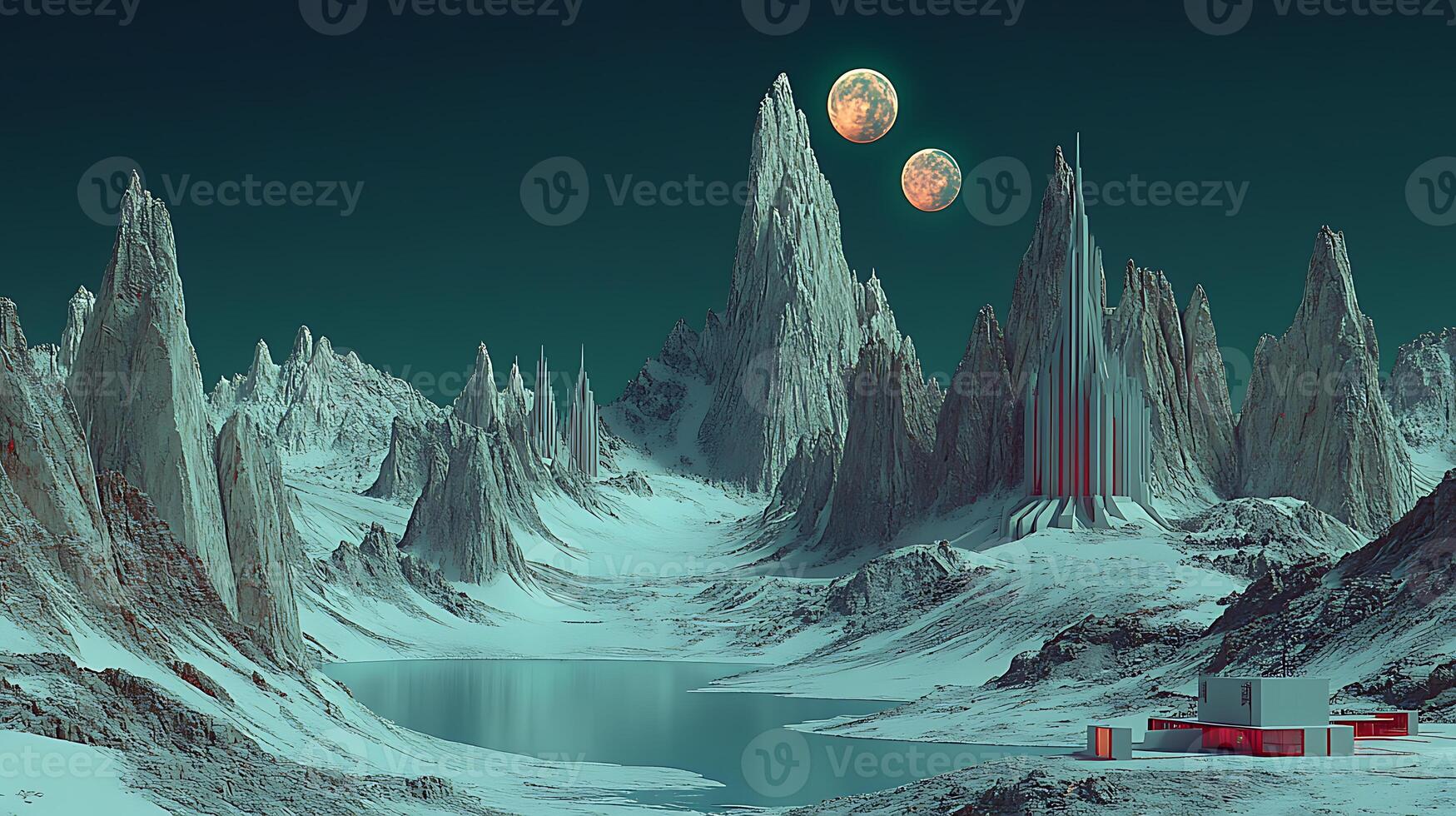 Scenic Alien Landscape With Two Moons Above Unique Peaks and a Futuristic Base photo