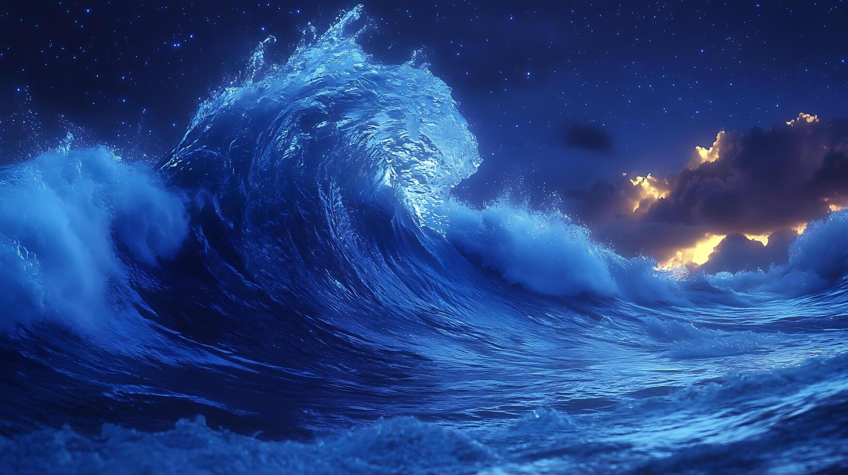 Majestic Ocean Wave Under Starry Night Sky and Golden Clouds photo