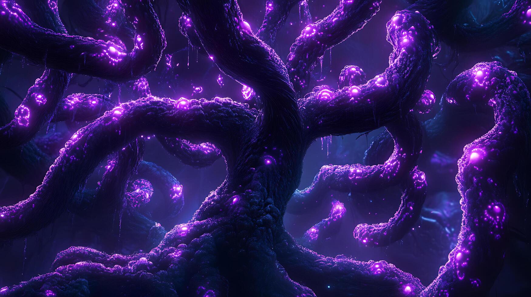 Mysterious Bioluminescent Tree with Glowing Purple Lights in a Dark Forest photo