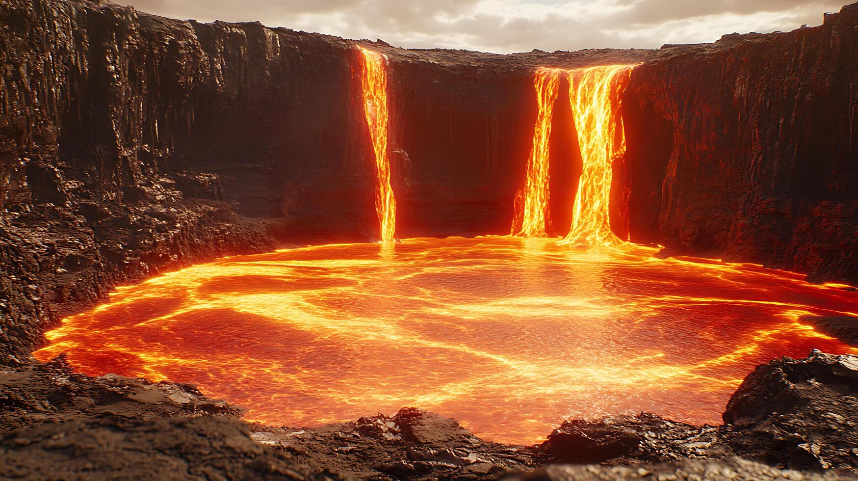 Molten Lava Flowing into a Vibrant Basalt Crater Forming a Fiery Pool photo