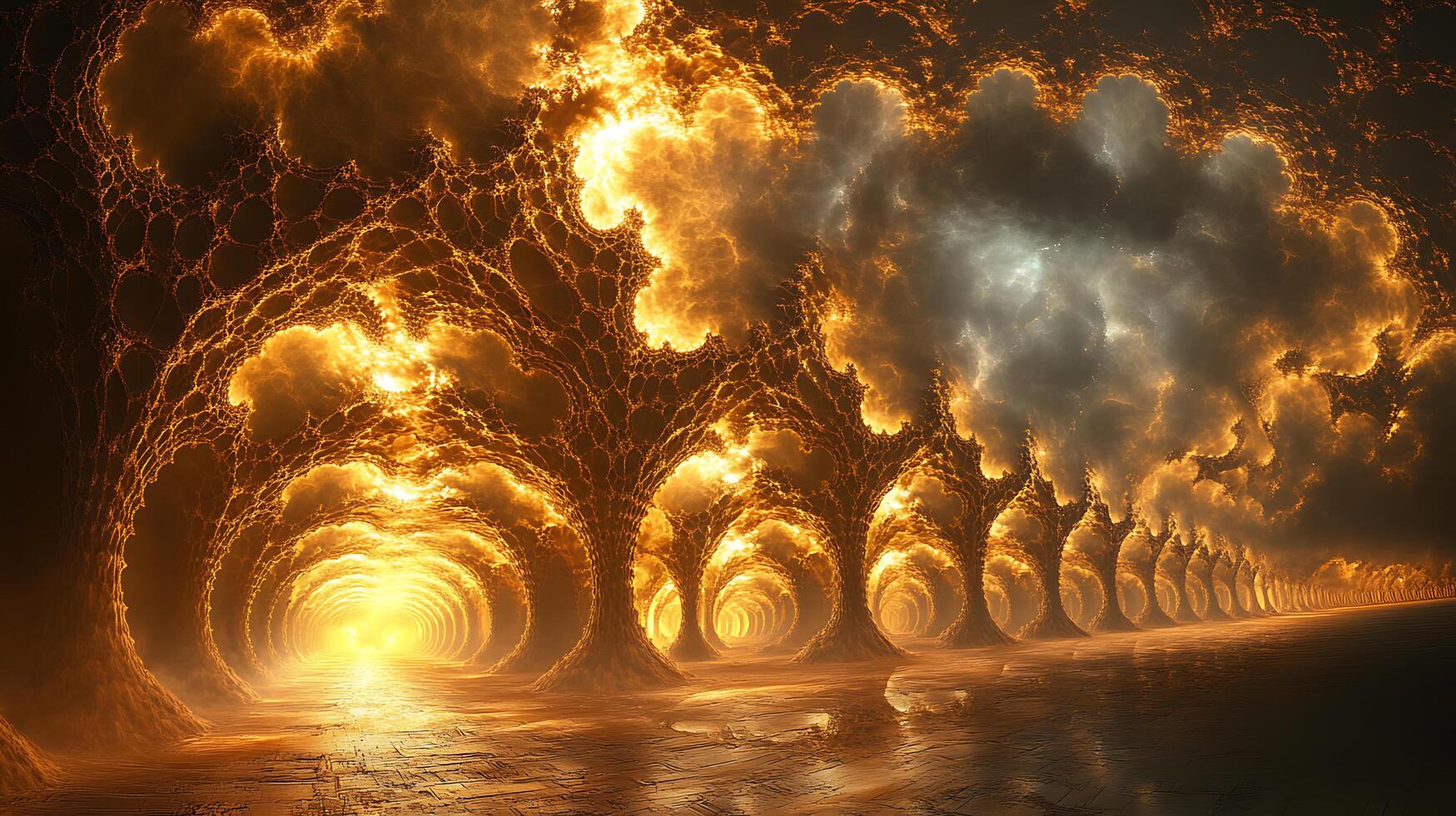 Ethereal Light Illuminates Surreal Forest-Like Tunnel of Fiery Vibrant Auras photo