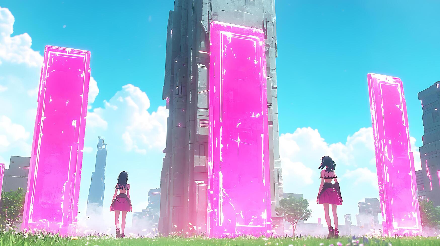 Futuristic Cityscape With Neon Pink Structures and Modern Architecture photo