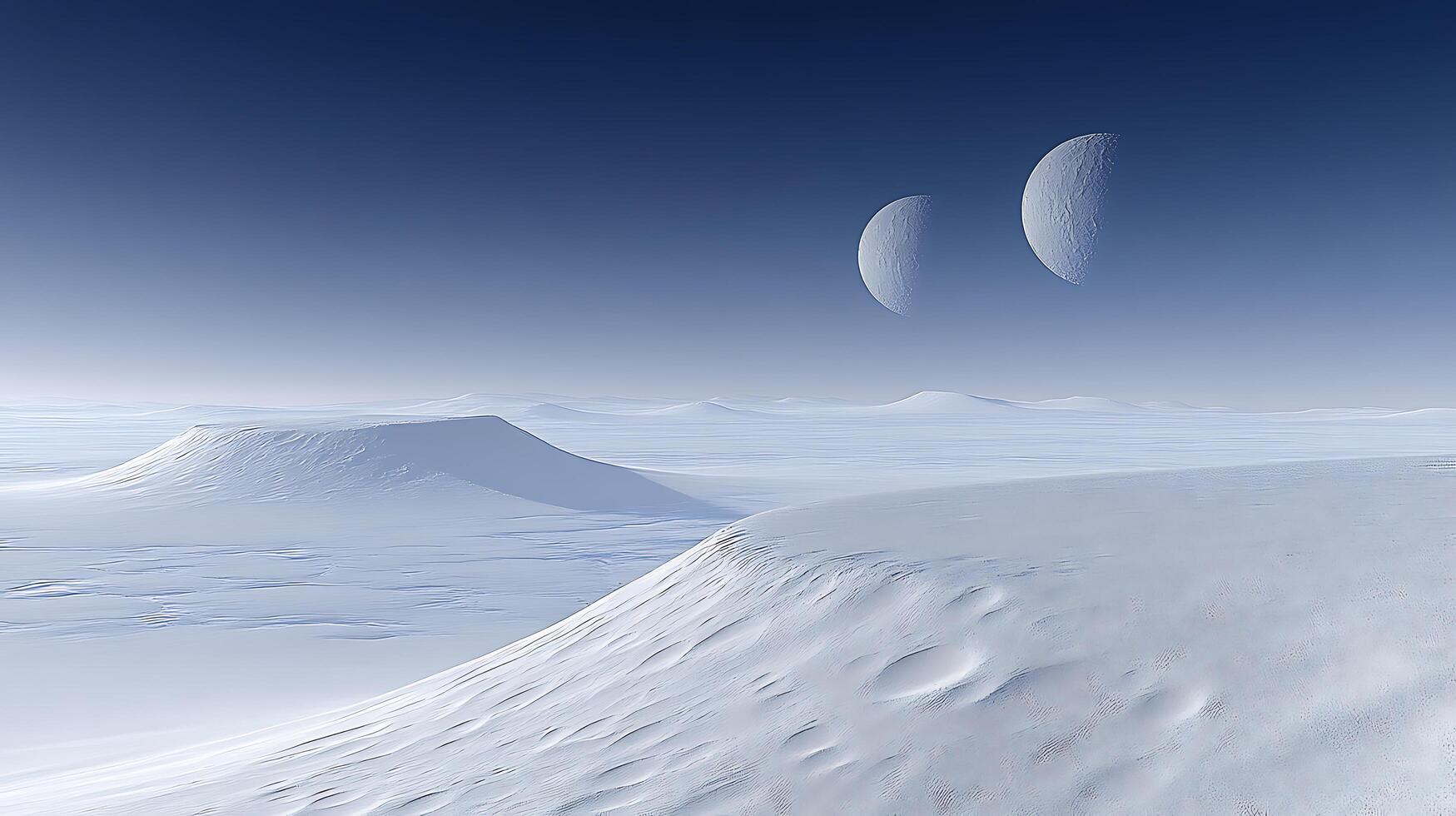 Surreal Landscape With Ice Plains and Two Large Moons in the Sky photo