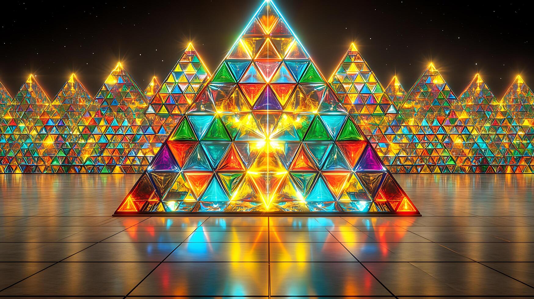 Colorful Illuminated Pyramids with Geometric Patterns Reflecting on Glossy Surface photo