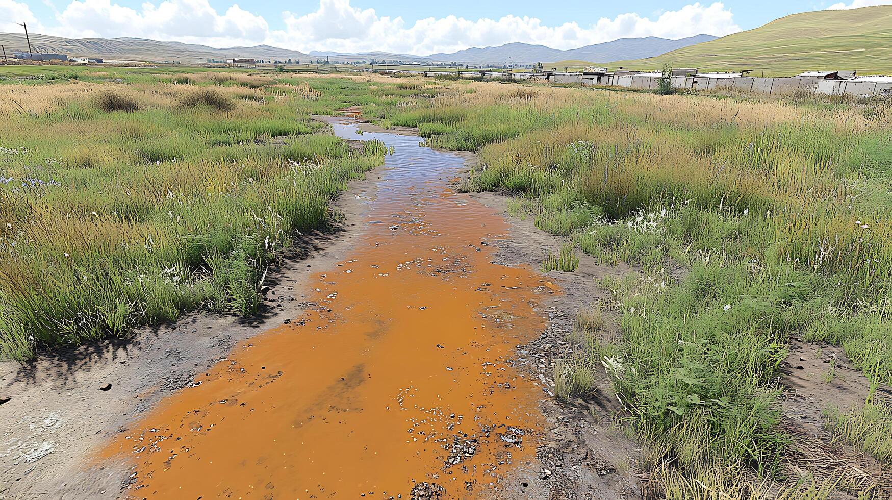 Polluted Water Flowing Through Overgrown Grass In a Countryside Field photo