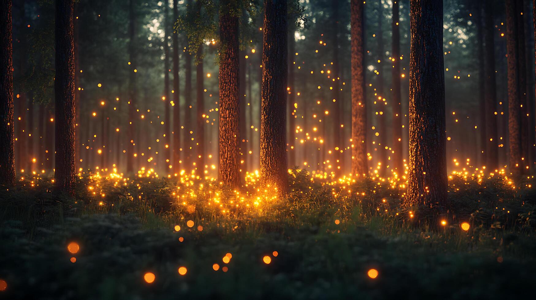 Magical Forest With Glowing Fireflies Under Twilight photo