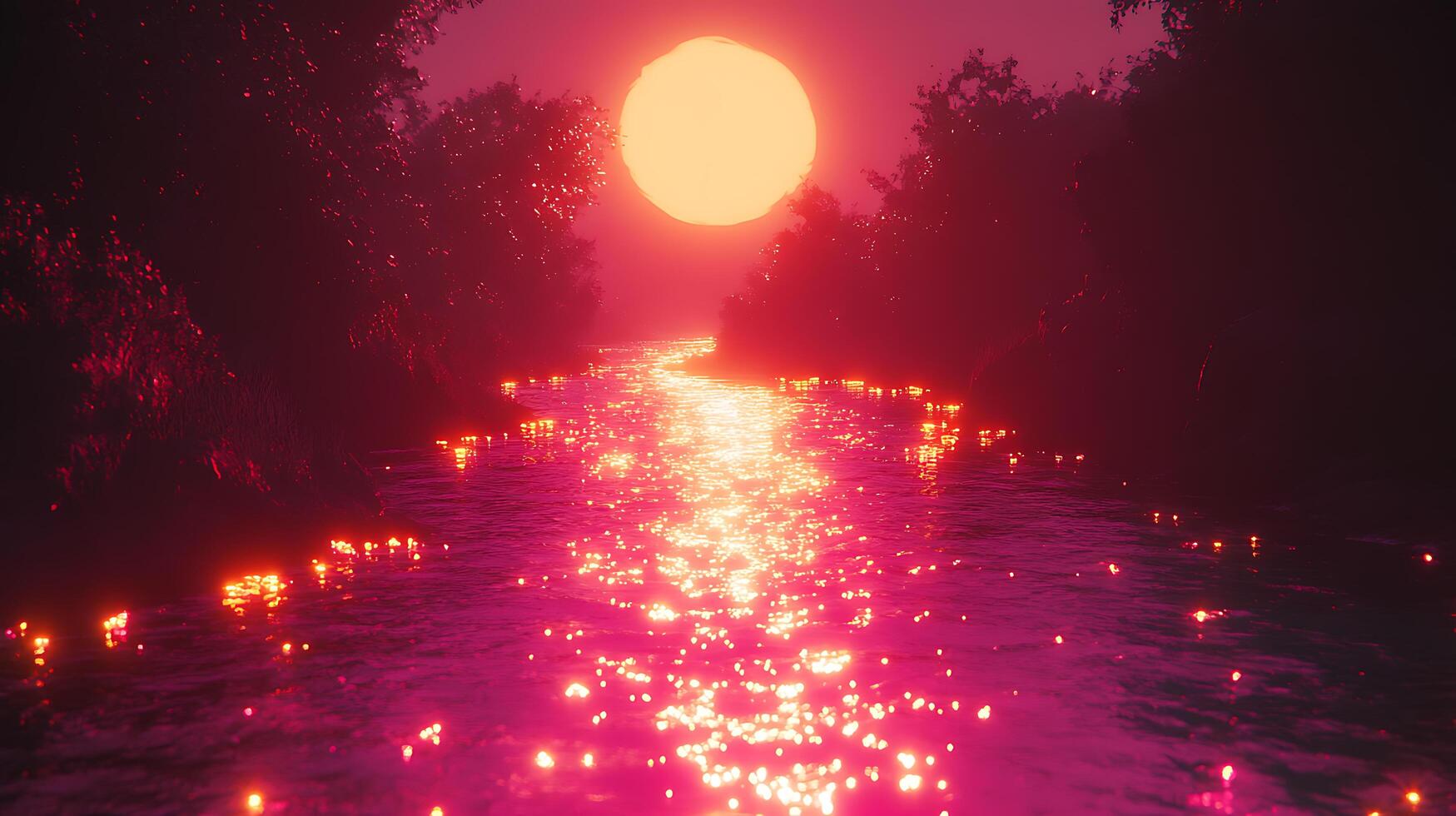 Enchanting Sunset Over a Serene River with Shimmering Waters photo