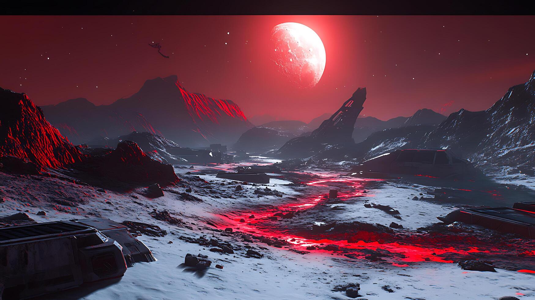 Futuristic Alien Landscape with Red Moon and Neon River photo
