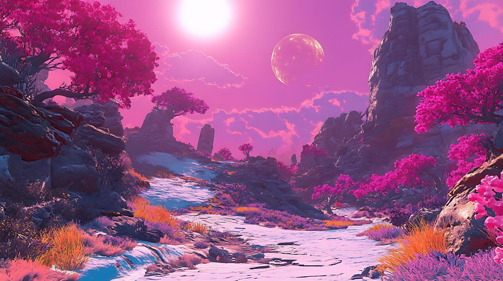 Vibrant Fantasy Landscape With Colorful Trees and Stunning Mountain Peaks at Sunrise photo