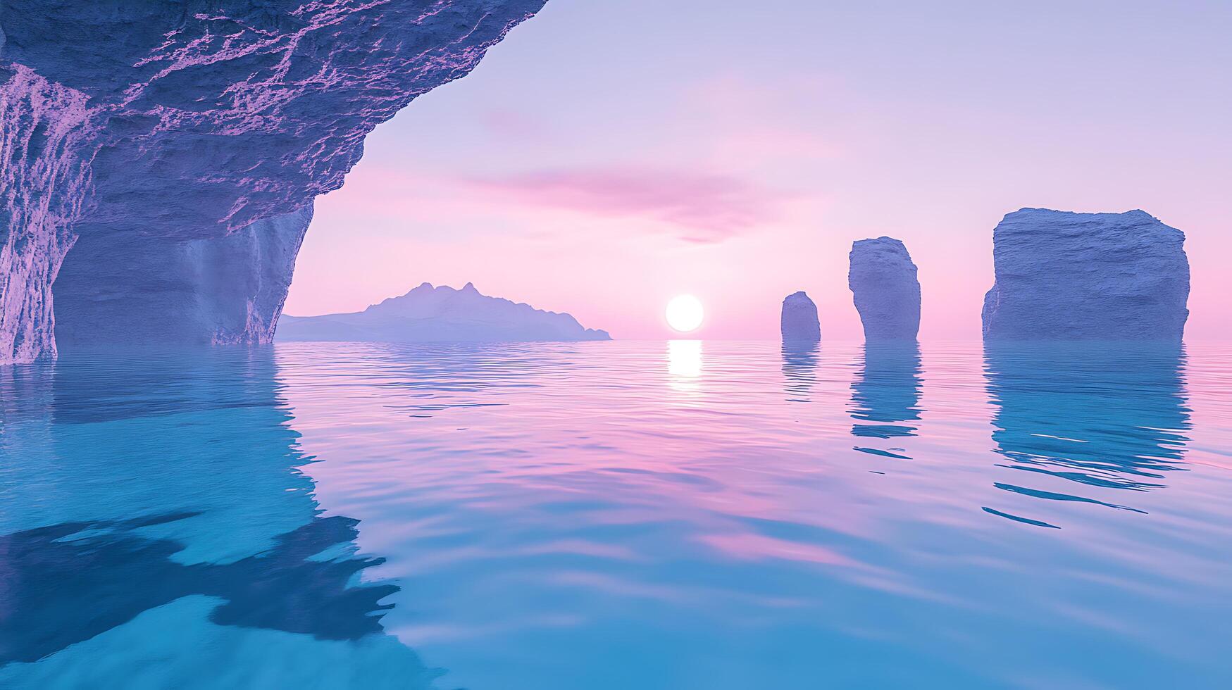 Serene Seascape with Sunlit Rocks During a Vibrant Sunset photo