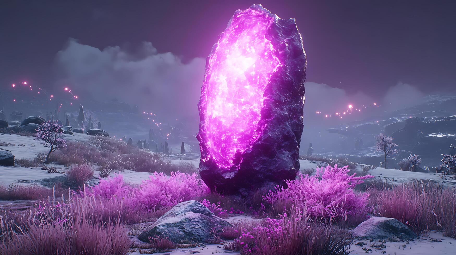 Vibrant Purple Radiant Monolith in a Mystical Snowy Landscape photo