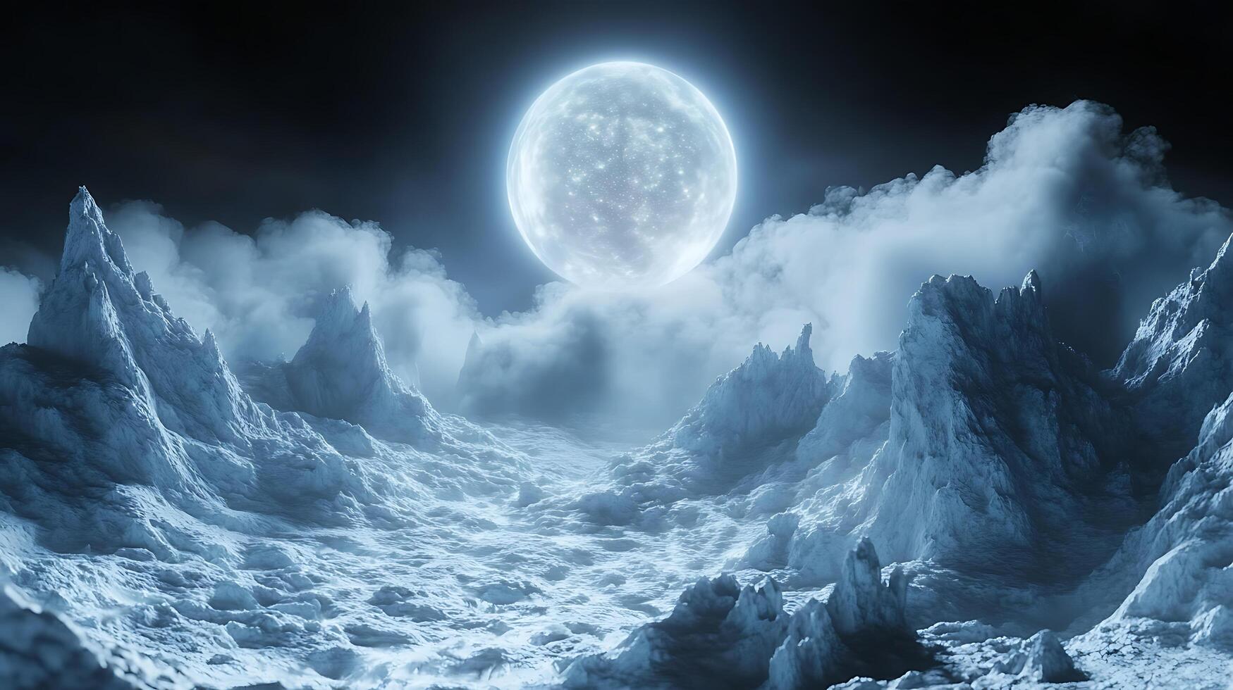 On a Mystical Frozen Landscape Illuminated by a Full Moon at Night photo