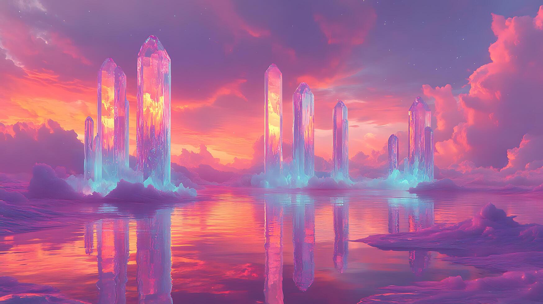 Enchanting Scene of Radiant Crystals Against a Vibrant Sky at Dusk photo