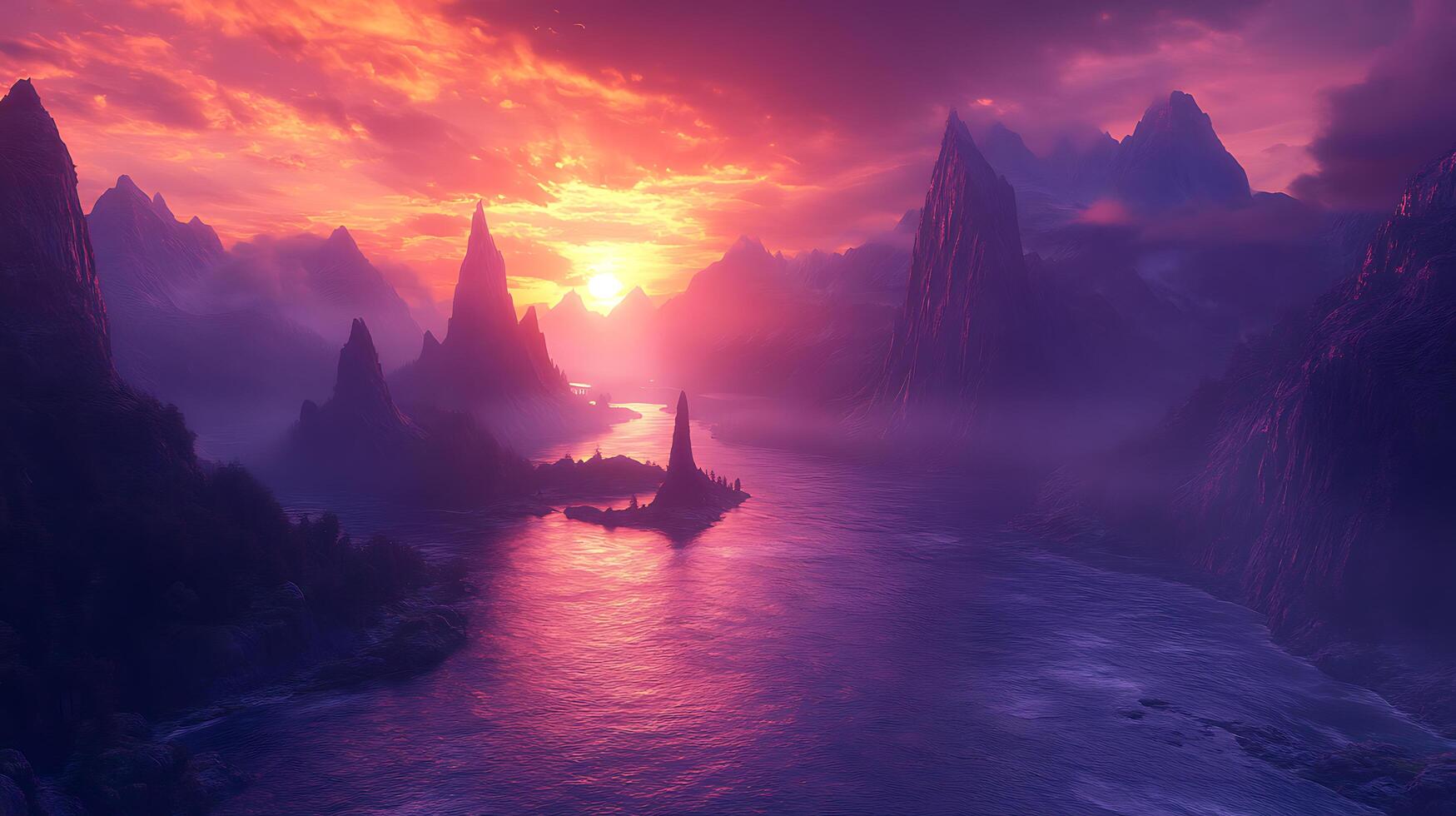 Majestic Mountain Landscape With Vibrant Sunset and Serene River View photo
