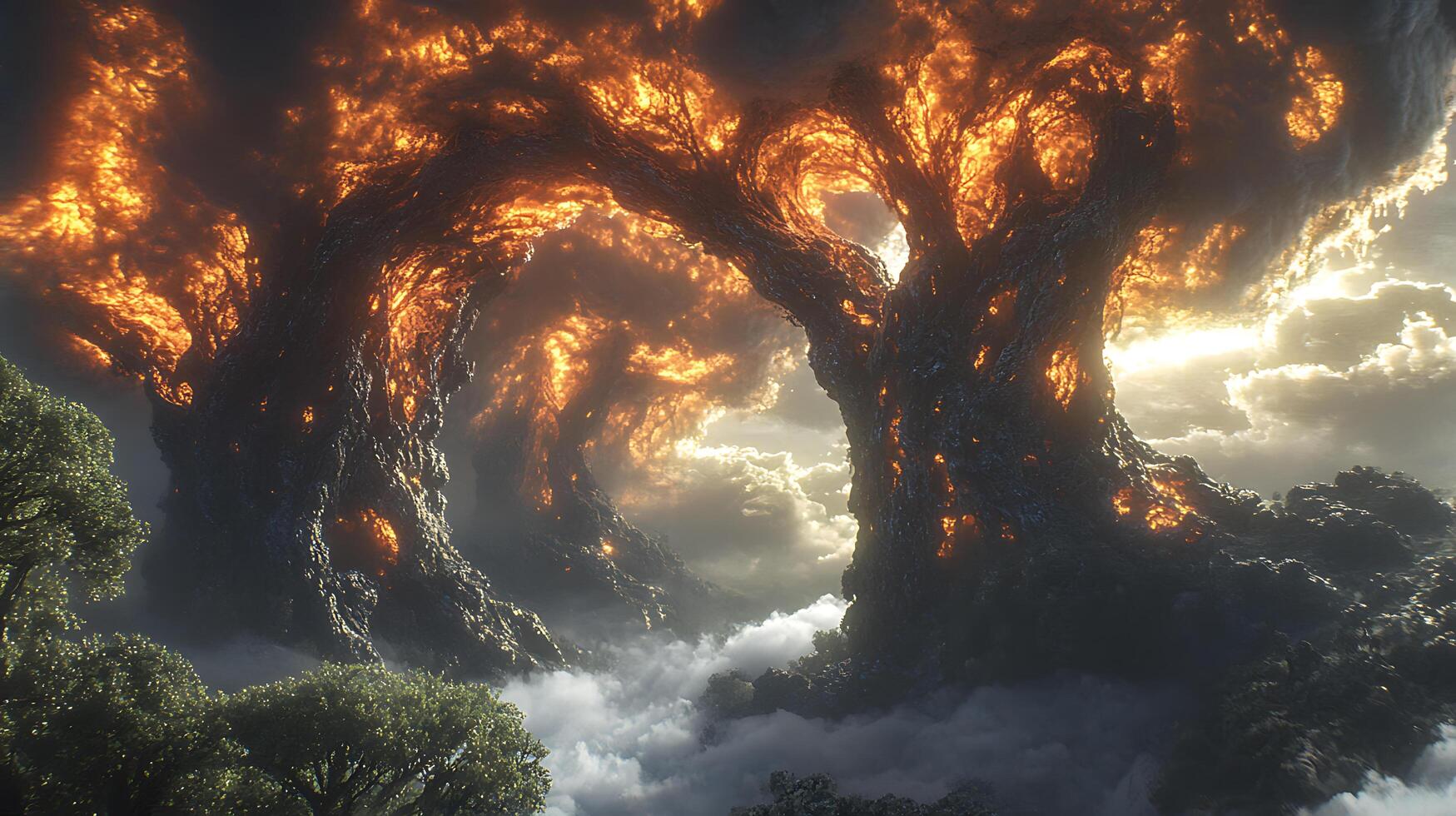 Dramatic Surreal Landscape of Molten Tree Towers in Majestic Fantasy Setting photo