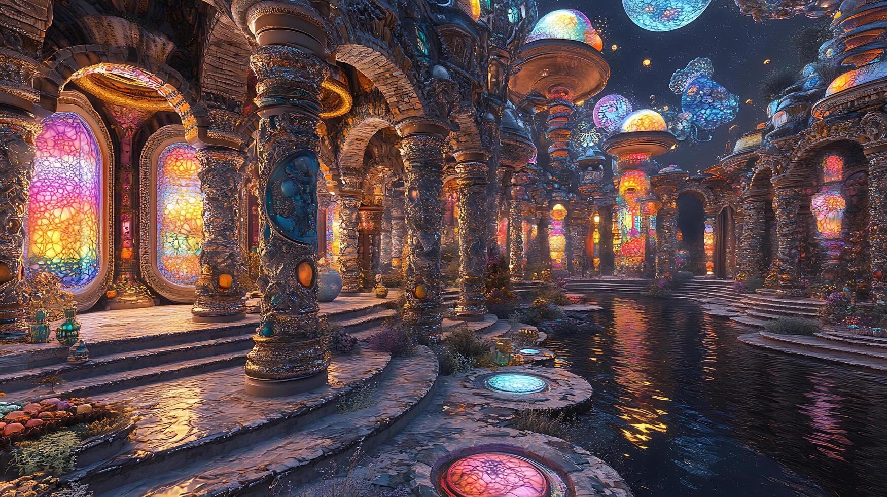 Vibrant Fantasy Pillared Hall with Colorful Stained Glass and Reflective Water photo