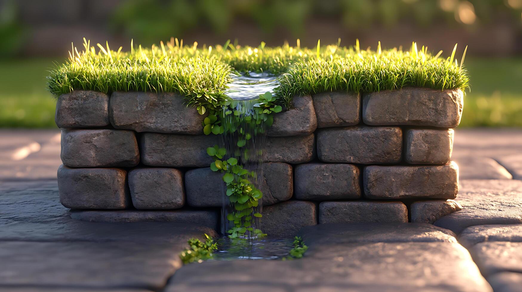 Miniature Waterfall with Grass and Brick Design in a Peaceful Environment photo
