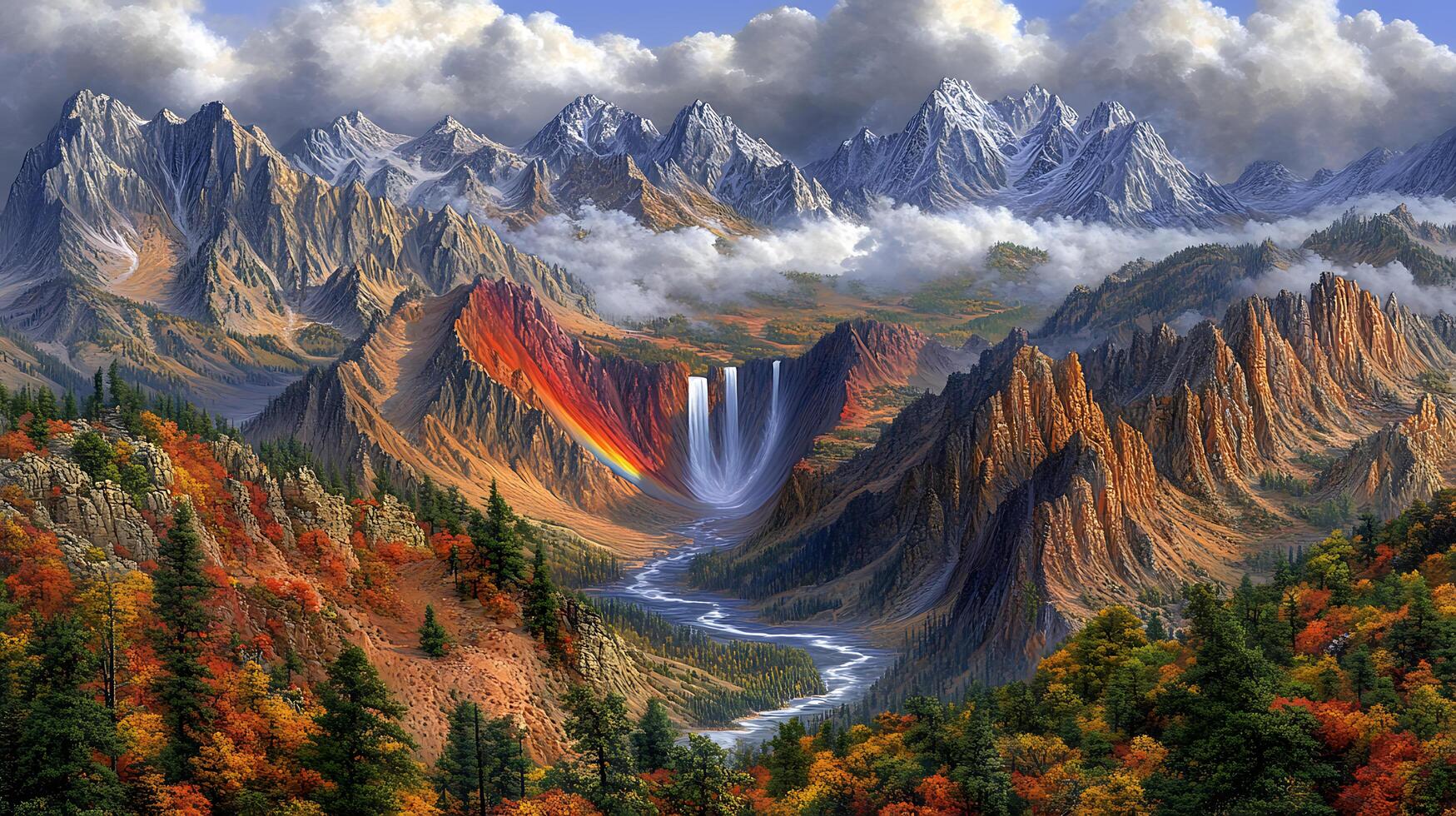 Majestic Mountain Landscape With Waterfall and Vibrant Autumn Colors photo