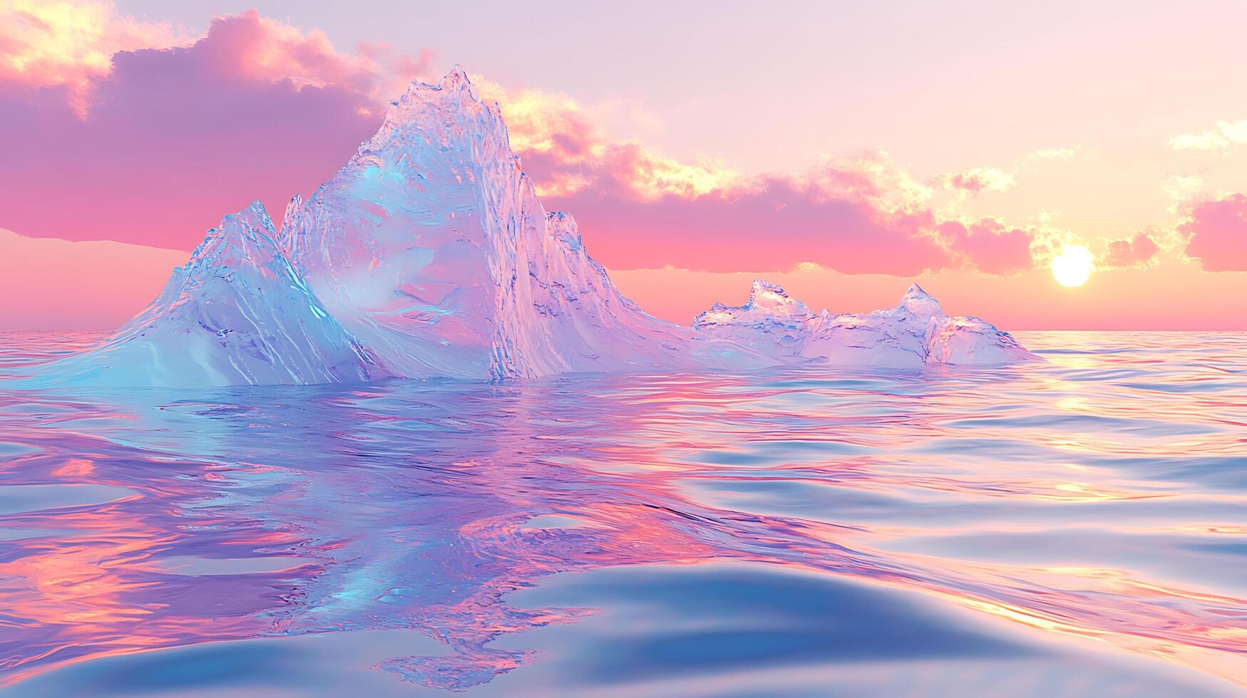 Glowing Iceberg Floating Amidst Sunset Reflections in Calm Waters photo
