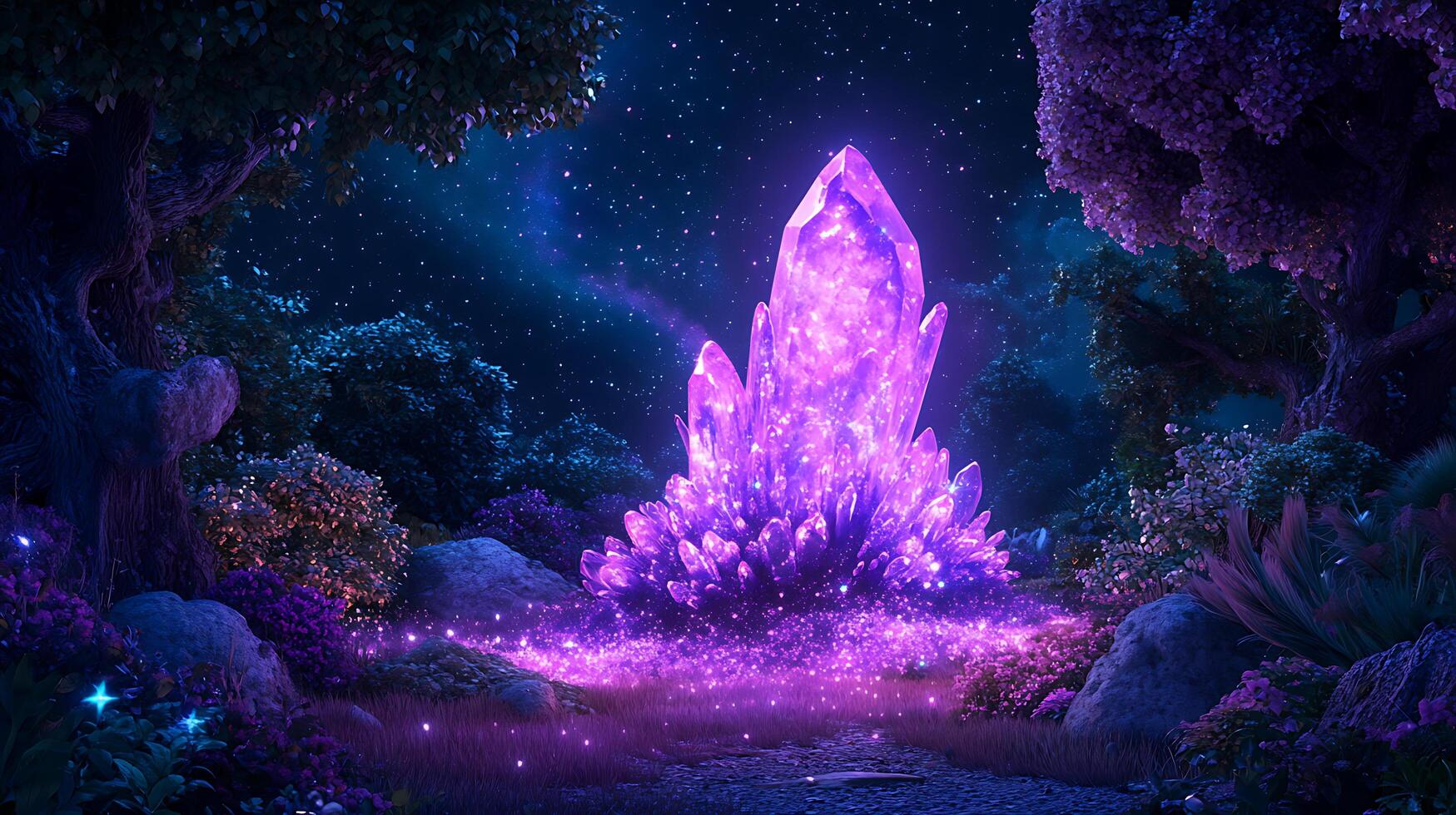 Glowing Purple Crystal in an Enchanted Forest at Night photo