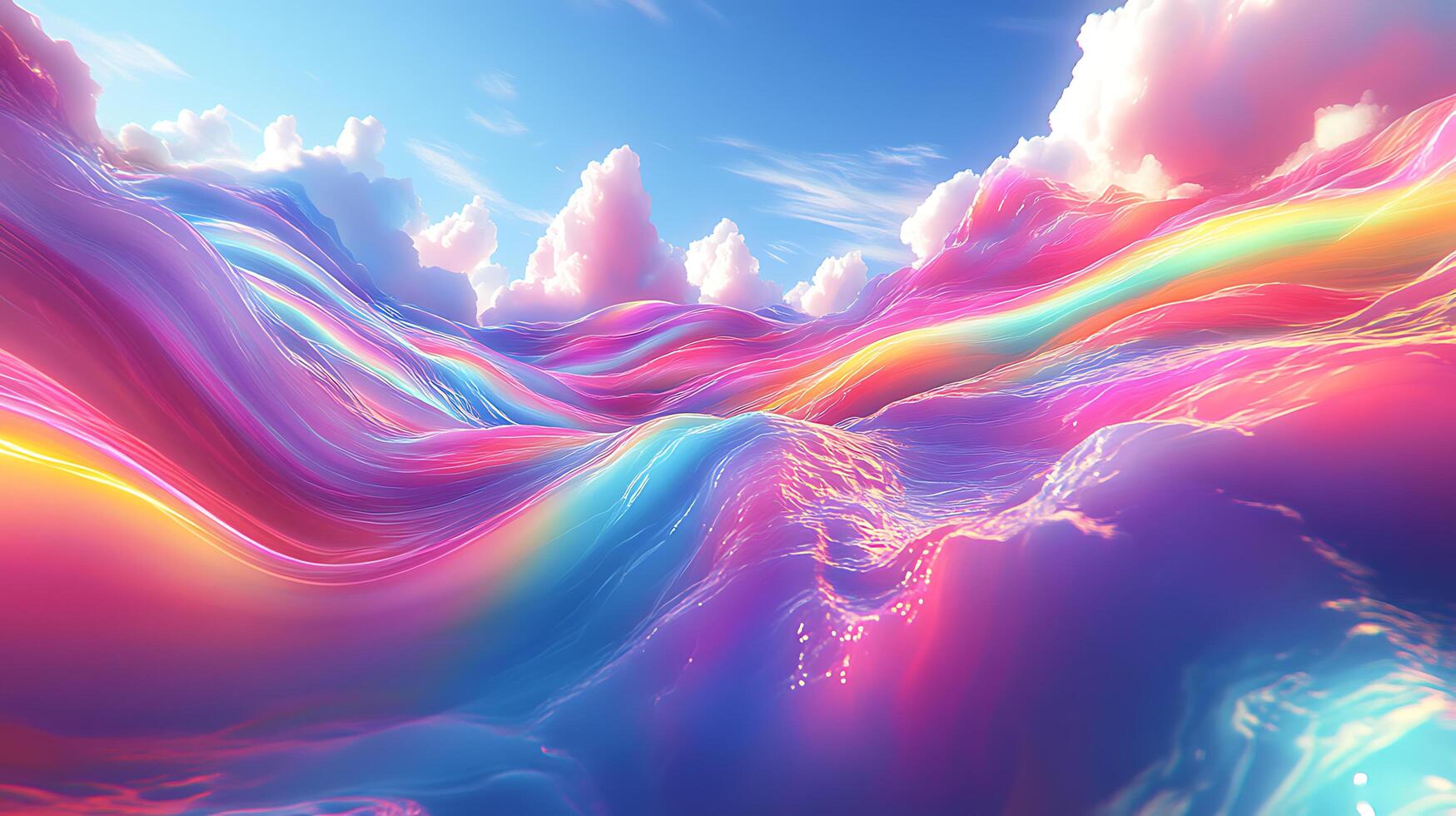 Colorful Abstract Landscape with Dynamic Waves and Bright Clouds photo