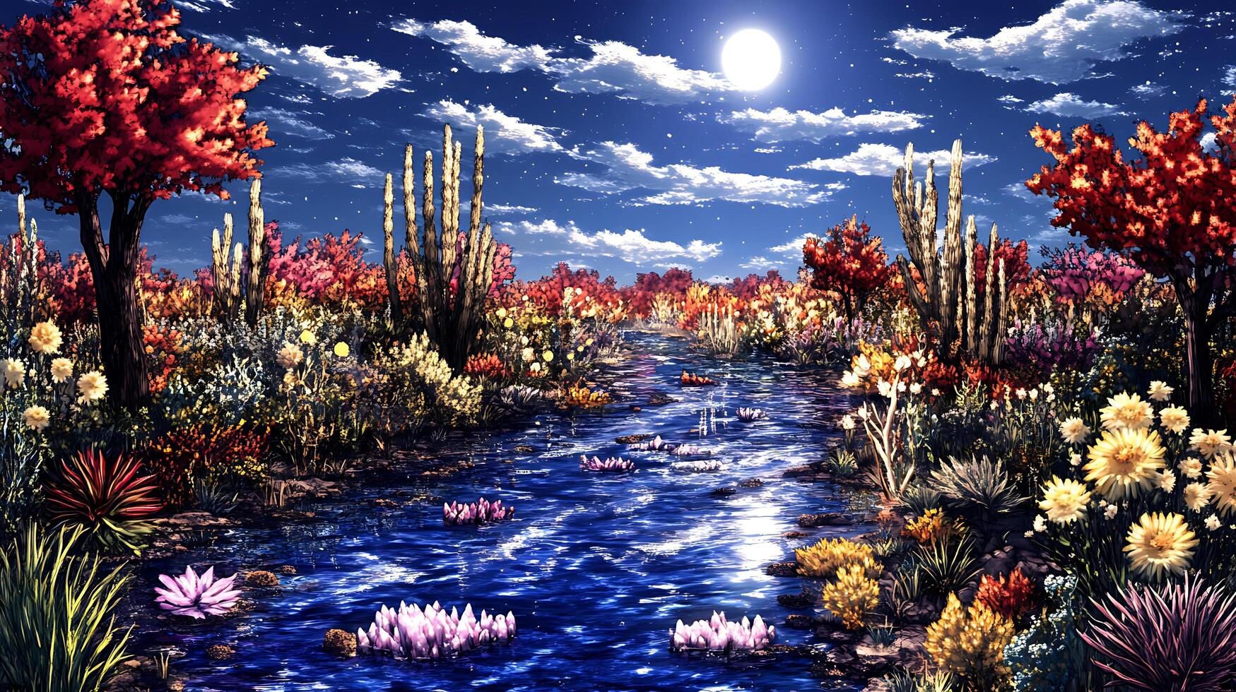 Moonlit Desert Oasis with Vibrant Flowers and Reflection photo