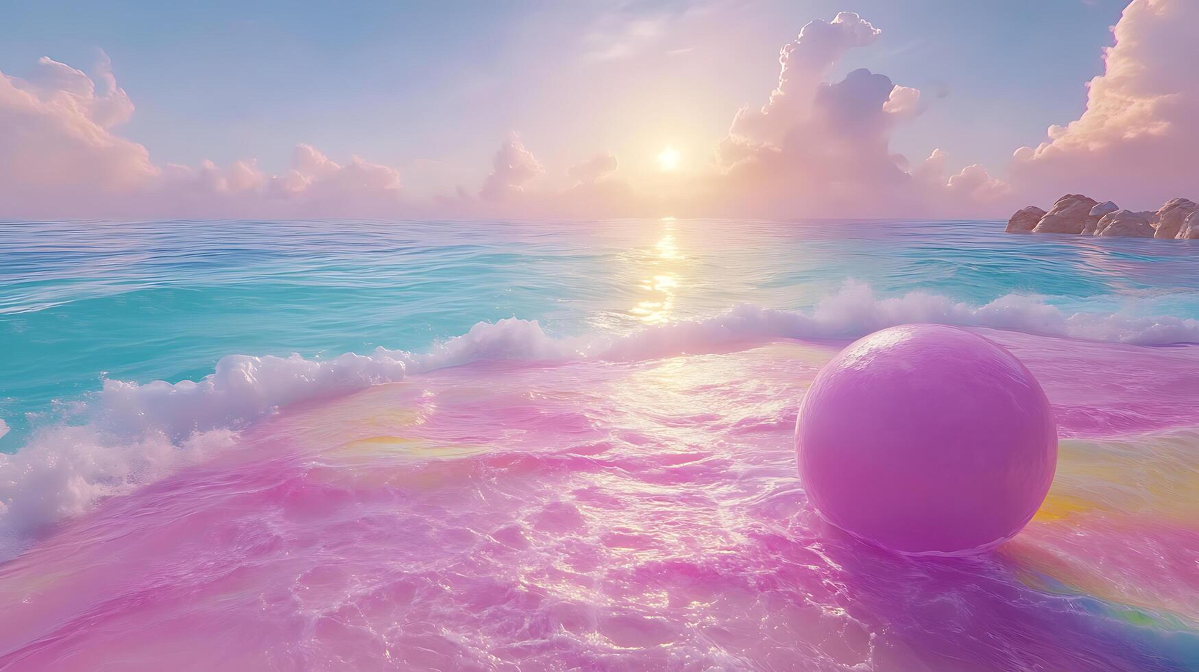 Serene Sunset Over Colorful Ocean Waves with a Vibrant Orb on the Shore photo